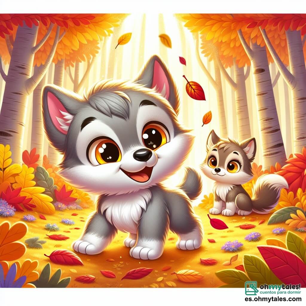 Un pequeño lobo de ojos brillantes y curiosos, con un pelaje suave y gris, se encuentra en medio de un jardín otoñal, maravillado por las hojas de colores que caen a su alrededor. Tiene una sonrisa alegre y sus orejas están erguidas, mostrando su emoción. Cerca, una madre lobo, grande y protectora, con un pelaje marrón y ojos cálidos, observa a su pequeño con una mirada tierna y alentadora, lista para compartir historias sobre el otoño. El jardín está lleno de grandes árboles con hojas vibrantes, en tonos de rojo, naranja y amarillo que iluminan el suelo, y un suave rayo de sol filtra a través de las ramas. La escena principal muestra al pequeño lobo explorando alegremente el jardín, saltando entre las hojas, mientras su madre le habla sobre las maravillas del otoño, creando una atmósfera mágica y cálida.