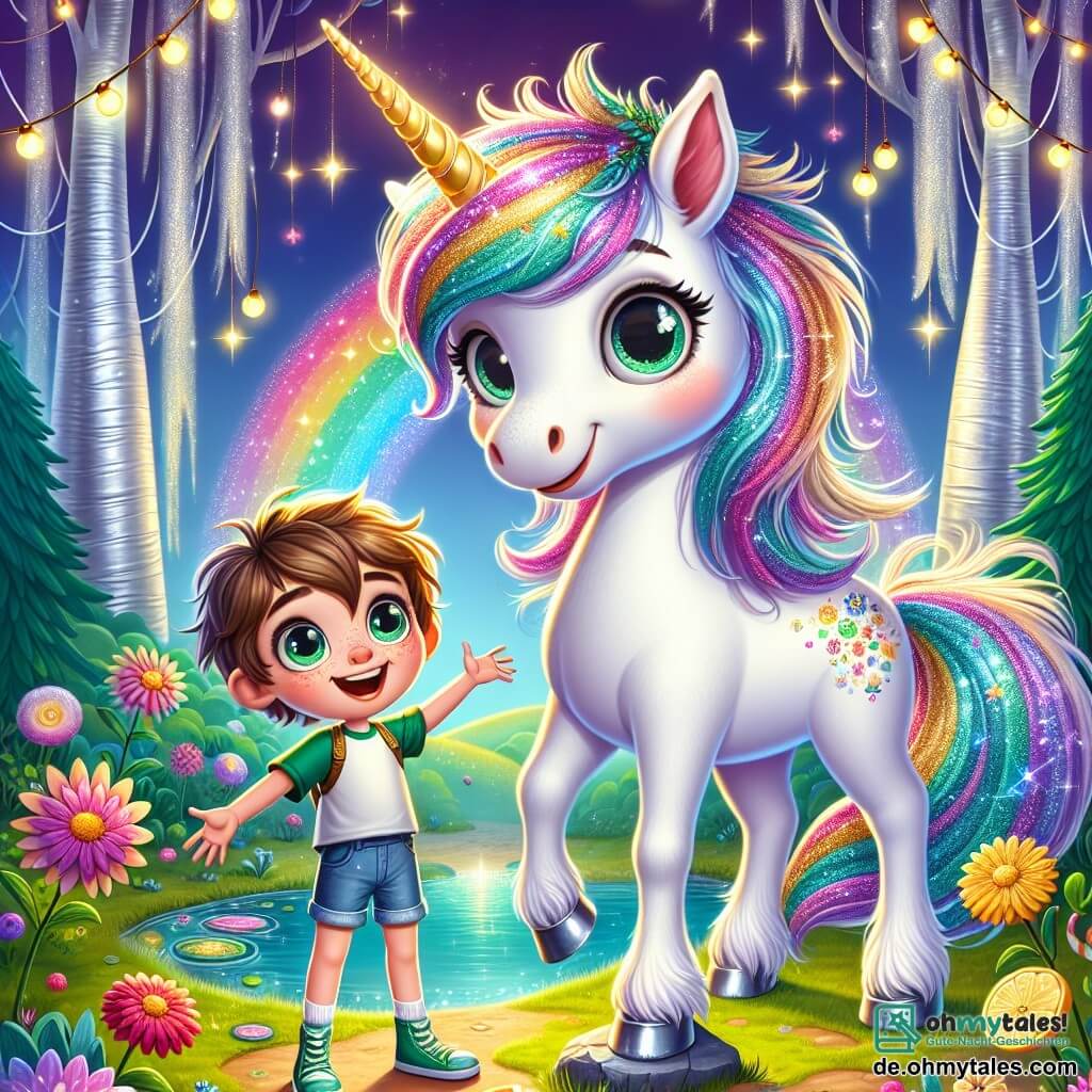 Eine prächtige Einhorn namens Livia steht stolz im Mittelpunkt der Szene. Ihr Fell ist strahlend weiß, mit schimmerndem Regenbogen-Mähne und einem goldenen Horn, das in der Sonne glänzt. Ihre großen, funkelnden Augen drücken Freude und Staunen aus. An ihrer Seite beobachtet ein 8-jähriger Junge namens Linus mit zerzausten braunen Haaren und einem strahlenden Lächeln fasziniert das Einhorn. Er trägt ein grünes T-Shirt und eine Jeansshorts und steht auf einem kleinen Felsen, die Arme ausgebreitet, bereit für ein Abenteuer. Die Kulisse ist eine verzauberte Lichtung, umgeben von silbernen Baumstämmen und bunten Blumen, die im Wind tanzen. Glühwürmchen erleuchten die Luft und schaffen eine magische Atmosphäre, während ein funkelnder Limonadenbach durch die Szene fließt. Die Hauptsituation zeigt Linus und Livia, die sich auf ein spannendes Abenteuer im geheimnisvollen Zauberwald vorbereiten, mit Lichtblitzen und lebhaften Farben, die Magie und Freundschaft hervorrufen.
