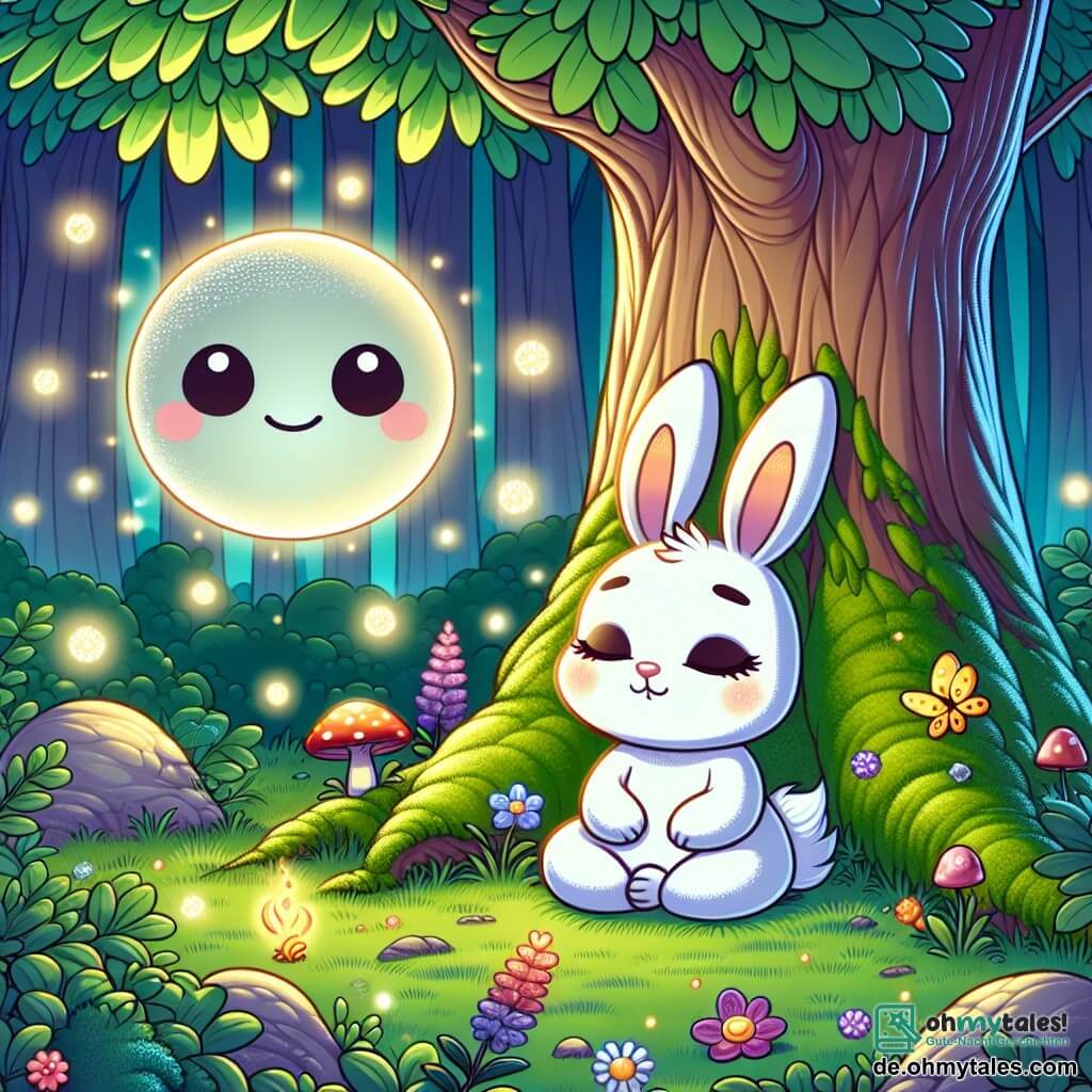 In einer friedlichen Ecke des Waldes sitzt ein kleiner weißer Hase namens Luna, mit großen, glänzenden Augen und langen Ohren, unter einem majestätischen Baum. Sie wirkt gelassen und verträumt, atmet tief ein und hat ein leichtes Lächeln im Gesicht. In der Nähe strahlt ein sanftes, lächelndes Wesen, das den Geist des Waldes repräsentiert, ein warmes und beruhigendes Licht aus. Es scheint wohlwollend und fröhlich zu sein, bewegt sich langsam in der Luft wie eine leichte Brise. Der Ort ist eine Oase des Friedens, mit silbernen Mondstrahlen, die durch die grünen Blätter filtern und Lichtmuster auf den moosbedeckten Boden werfen. Bunte Blumen und Glühwürmchen tanzen darum und verleihen der Atmosphäre einen magischen Hauch. Luna, in tiefer Meditation, konzentriert sich auf ihren Atem, umgeben von einer ruhigen und entspannenden Stimmung, während das Lächeln des Waldes sie ermutigt, in einen sanften Traum einzutauchen.
