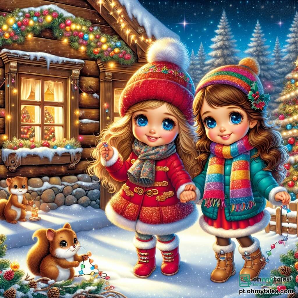 Duas meninas, Clara e Sofia, de 8 e 9 anos, estão no centro da cena. Clara, com longos cabelos loiros e olhos brilhantes, usa um casaco vermelho e um gorro combinando, enquanto Sofia, com cabelos castanhos e cacheados, exibe um cachecol colorido e uma jaqueta azul. Elas sorriem, cercadas por decorações de Natal brilhantes. Ao fundo, há uma casa de madeira iluminada, com janelas decoradas com luzes e uma porta de madeira adornada com uma coroa de Natal. A neve cobre o chão, criando um tapete branco cintilante, e flocos de neve caem suavemente do céu estrelado. As meninas estão decorando a casa do avô de Clara com ramos de pinheiro e enfeites coloridos, enquanto um esquilo curioso as observa de um galho. A atmosfera é alegre e mágica, capturando o espírito do Natal e a amizade.