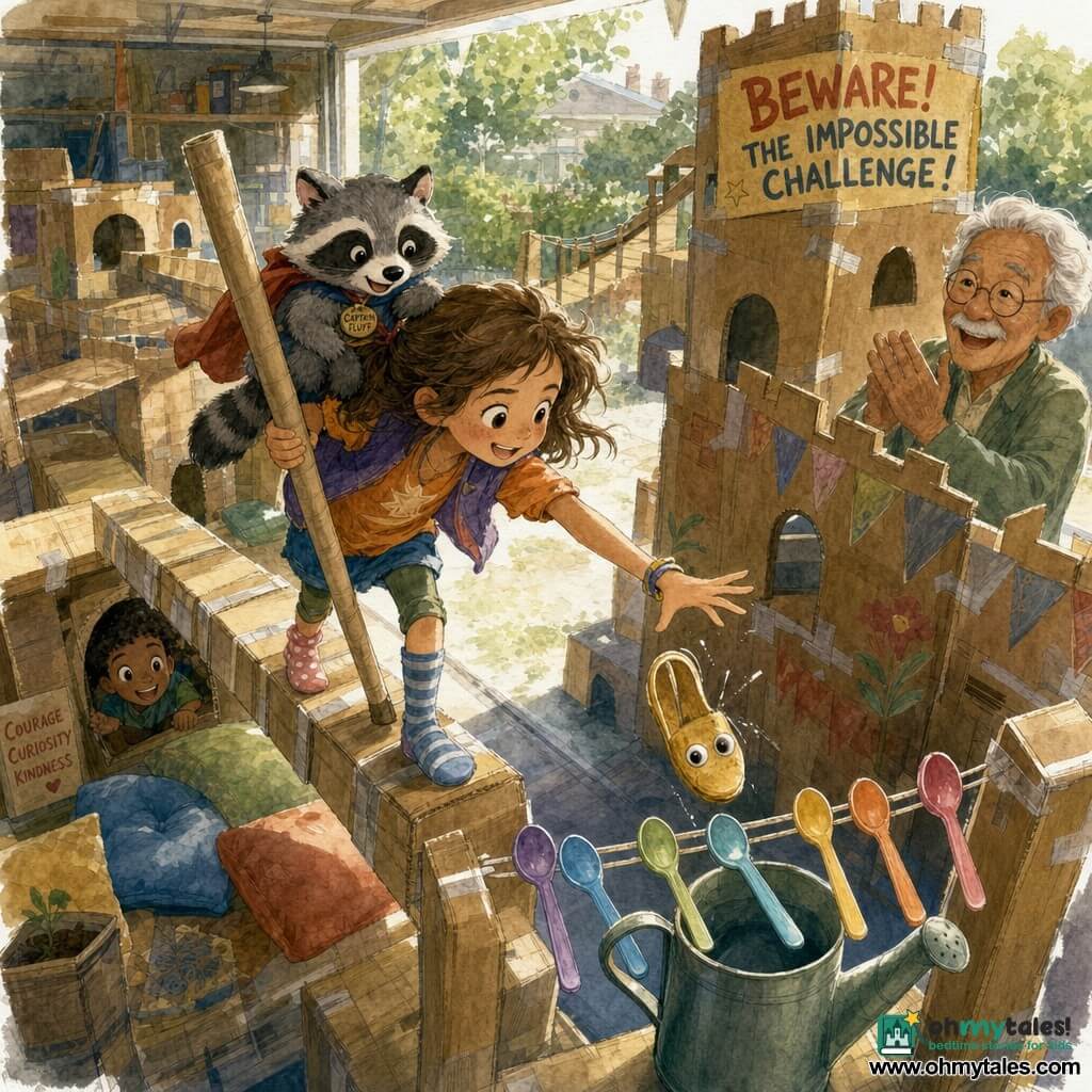 An excited, determined 8-year-old girl with messy light brown hair, sparkling eyes and colorful clothes with mismatched socks holds a long cardboard cane as she reaches for a yellow slipper with googly eyes; a brave, joyful plush raccoon named Captain Fluff perches on her shoulder, while a smiling, kind 70-year-old grandfather with white hair and round glasses applauds beside a decorated cardboard fort in an open-garage cardboard adventure park—towers, bridges and tunnels of kraft boxes with visible tape, colorful cushions and a painted sign reading BEWARE! THE IMPOSSIBLE CHALLENGE!—as she crosses a wobbly box bridge and a golden slipper falls into a watering can with plastic spoons laid as a makeshift rescue bridge; rendered in a soft watercolor palette of warm yellows, oranges and browns with blue and green accents, textured washes, light outlines and late-afternoon soft light, dynamic medium shot slightly elevated, clear readable expressions.
