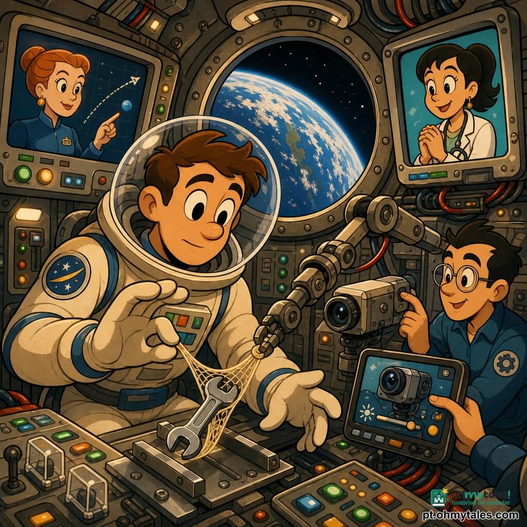 Um astronauta jovem (≈28 anos), concentrado e légèrement soulagé, cabelos castanhos curtos sob um capacete transparente, manipula com precisão as manetes de um braço robótico para ajustar uma pequena pinça sobre uma chave inglesa presa entre placas metálicas; à esquerda, no monitor, aparece em busto a comandante adulta (≈42 anos) de cabelos grisalhos presos, apontando uma trajetória e dando ordens; à direita, em outro ecrã, a médica (≈35 anos) de cabelos pretos, sorrindo e encorajando; um engenheiro (≈30 anos) com óculos ajusta o contraste de uma câmara a partir de um tablet; interior compacto da estação com painéis cinza-claro, botões coloridos, cabos organizados e um grande escotilha mostrando a Terra ao fundo; cena tensa mas reconfortante, iluminação quente, estilo com silhuetas arredondadas.