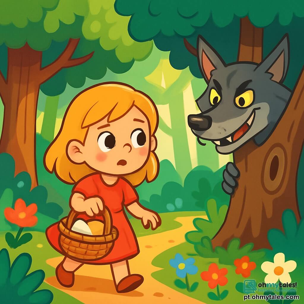 Uma menina de 6 anos, Clara, com cabelos dourados e olhos brilhantes, avança cautelosamente em uma floresta encantada, seu rosto expressando curiosidade misturada com apreensão. Ela usa um vestido vermelho vivo e segura uma linda cesta de vime cheia de doces. Perto dela, um grande lobo mau, com pelagem cinza e olhos penetrantes, se esconde atrás de uma árvore retorcida, observando Clara com um sorriso malicioso. A floresta é densa, com grandes árvores de troncos grossos, folhas verdes vibrantes e flores coloridas espalhadas pelo chão. Raios de sol atravessam a folhagem, criando sombras dançantes no solo. Clara, determinada, avança por um caminho estreito ladeado de flores, ignorando a presença ameaçadora do lobo que a observa, pronto para atacar.