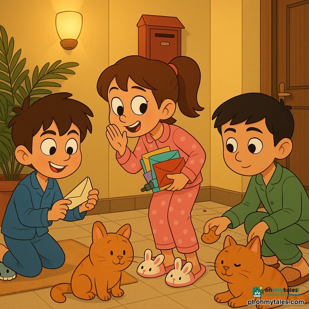 Três crianças: Tomás (~11) à esquerda, de pijama azul e pantufas de tubarão, ajoelhado no tapete segurando uma carta triangular e sorrindo; Beatriz (11) ao centro, de pijama rosa com bolinhas e pantufas de coelho, de pé inclinada segurando cartas coloridas e um marcador enquanto sussurra; Rui (~11) à direita, de pijama verde e pantufas em forma de fatia de pão, agachado junto a um grande gato cor de caramelo, oferecendo-lhe um biscoito. Cena num corredor noturno e acolhedor de prédio: paredes amarelas suaves, chão de azulejo bege, luz ambarada de arandelas, caixa de correio metálica vermelha ao fundo, grande samambaia num vaso de barro à esquerda e porta de madeira gasta com capacho “Bem-vindo”. Os três, em clima aconchegante, espalham silenciosamente pequenas cartas de gratidão nas caixas e sob as portas; gestos delicados, expressão travessa e terna, o gato, preguiçoso, aceita o biscoito como “guarda” da caixa, criando uma missão secreta e divertida antes de dormir.