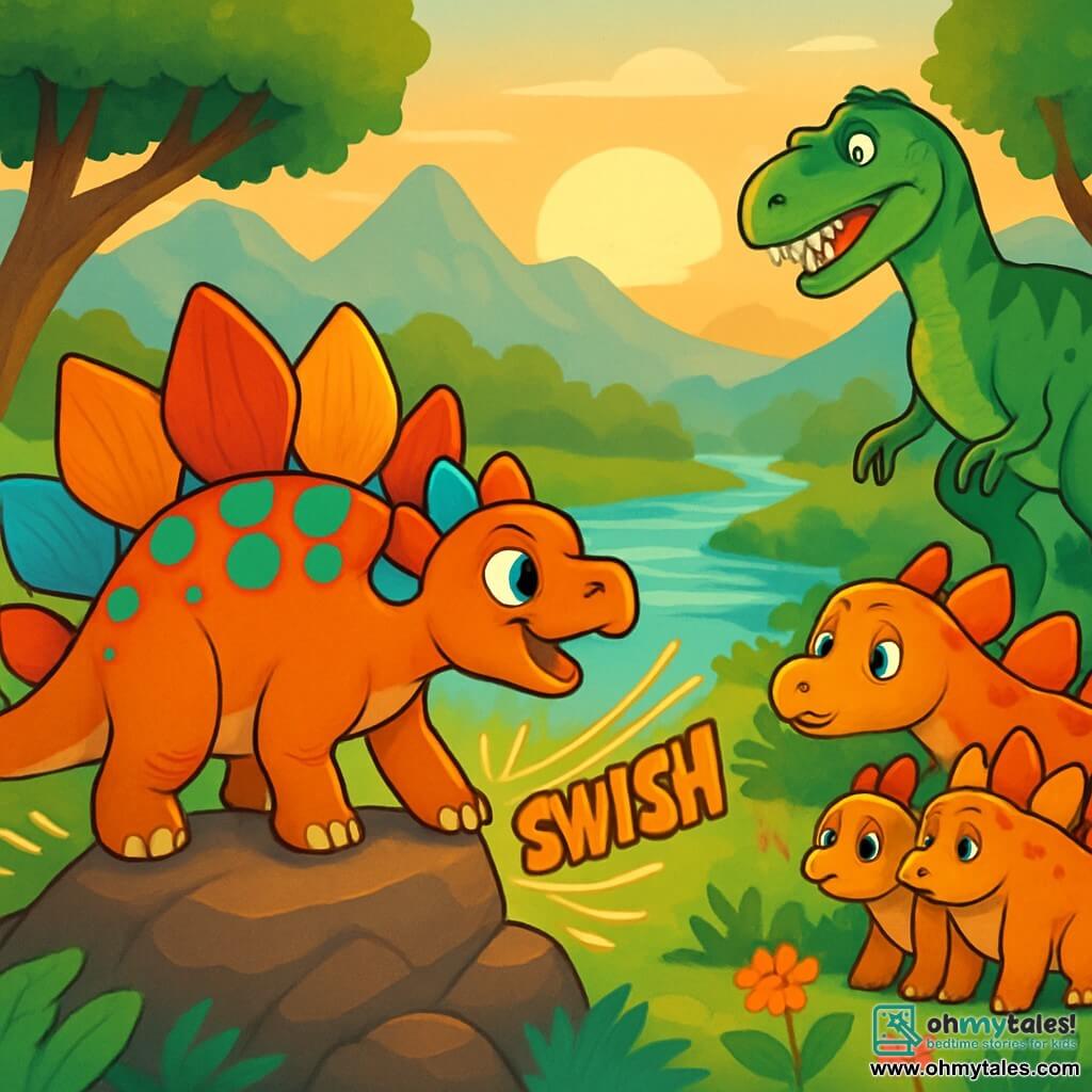 A young stegosaurus named Spike, with colorful umbrella-shaped plates on his back, stands bravely on a rock, his eyes shining with excitement and determination. He looks towards a large Allosaurus in the distance, standing across a river, its green and brown scales glistening in the sunset. Nearby, mother stegosaurus Stella, with a protective gaze, gathers her two little sisters, Sprout and Sunny, who are curious and a bit scared, hiding behind her. The setting is a lush valley surrounded by misty mountains, with majestic trees and colorful flowers dancing in the wind. The main scene shows Spike making noise with his tail, ready to defend his family against the large Allosaurus, which seems surprised by the noise and the crowd of dinosaurs gathering to support them.