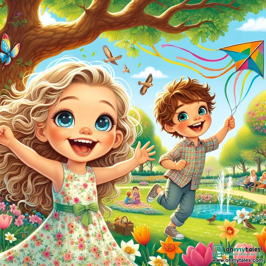 A 10-year-old girl named Lily, with sparkling blue eyes and curly golden hair, joyfully stands under a large oak tree in a blooming park. She wears a light floral dress and smiles with her arms open, as if welcoming spring. Beside her is her friend Sam, a 9-year-old boy with messy brown hair and round glasses, holding a colorful kite flying in the blue sky. He laughs with excitement in his bright eyes as he runs to catch the wind. In the background, the park is filled with vibrant flowers, tulips, and daffodils, while families enjoy picnics on colorful blankets. Birds sing in the trees, and a small pond sparkles in the sun, where frogs happily jump. The scene captures Lily and Sam celebrating spring, surrounded by the beauty of nature, with laughter and bright colors, embodying the essence of joy and new life that this season brings.