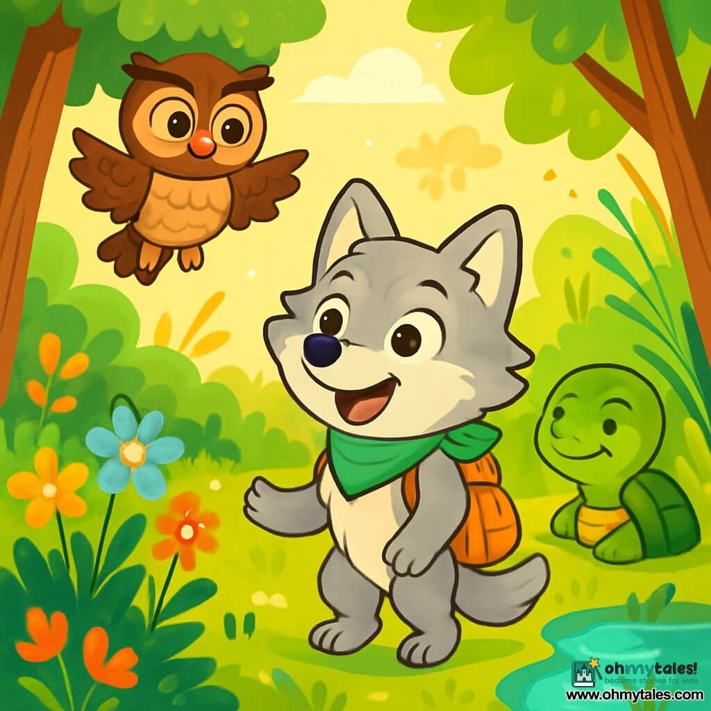 In a sunny forest, a little wolf named Willow, with soft silver fur, wears a big excited smile. She has a pretty green scarf around her neck and holds a small backpack filled with treasures. Next to her, a wise owl named Oliver, with brown feathers and bright round eyes, gently floats in the air, looking at Willow kindly. A bit further away, an old turtle named Thomas, with a green shell and mischievous eyes, smiles as he settles near a sparkling pond. The scene takes place in a secret garden filled with colorful flowers and dancing grasses, where sunlight filters through the leaves. Curious Willow is about to listen to Oliver's stories, surrounded by the enchanted beauty of nature.