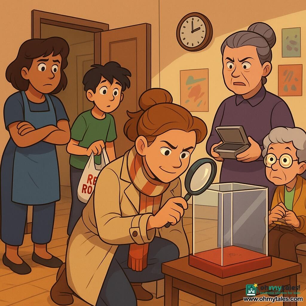 The detective is a woman, focused and sly with furrowed brows and a slight smile, wearing a slightly wrinkled beige trench coat, striped scarf and loose bun, kneeling before an empty glass display case holding a shiny magnifying glass; Sonia Patel, about 40, warm but tired, in a blue concierge apron stands left with arms crossed, worried; Ms. Lark, about 50, upright and rigid with gray hair in a tight bun, stands right holding a small open tin box, red with embarrassment; Kian, about 12, a curious hobbyist with messy black hair, leans in a doorway behind the detective holding a white plastic bag with big red letters; Mrs. Bibi, about 60, small and lively, sits near a hallway door with notebook and pen, attentive; setting: old building common room with light parquet floor, glass display on a red velvet base, a slightly tilted round wall clock above the door, colorful posters and folded metal chairs; main scene: detective illuminating the empty case with clear visual clues—sticky residue on the lock edge, a white plastic bag marked Red Robin on the floor, and a tilted clock—slight tension, warm colors, clean lines and rounded contours in a 90s cartoon style.