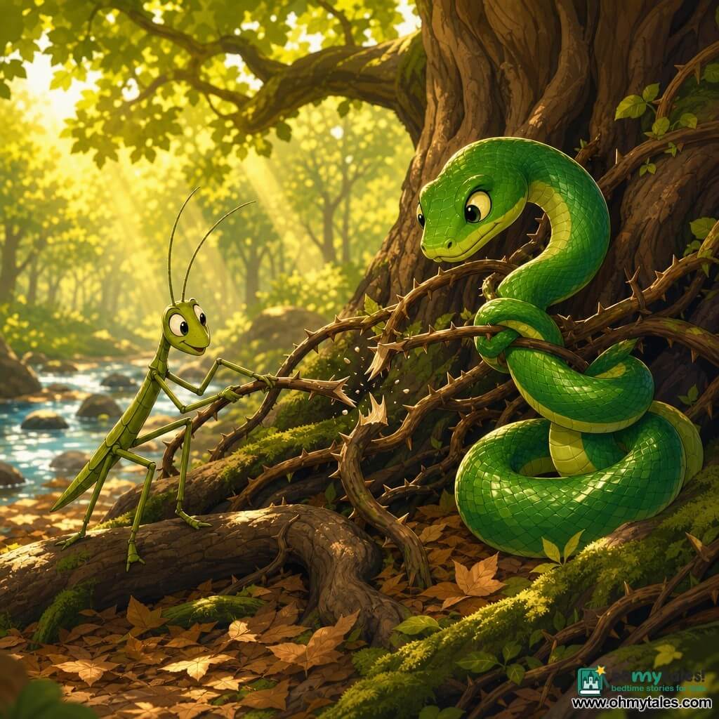 Sylvan, a distinct emerald snake with wise eyes and gleaming scales, gently coils around a thick vine to undo it while Twig, a thin green stick insect with a curious smile, stands on a root pulling a thorny branch; beneath an ancient oak with gnarled roots, a leaf- and moss-covered floor beside a sparkling stream, dappled sunlight falls as the pair dismantle a thorny vine trap at the tree's base, conveying cooperation and imminent relief.