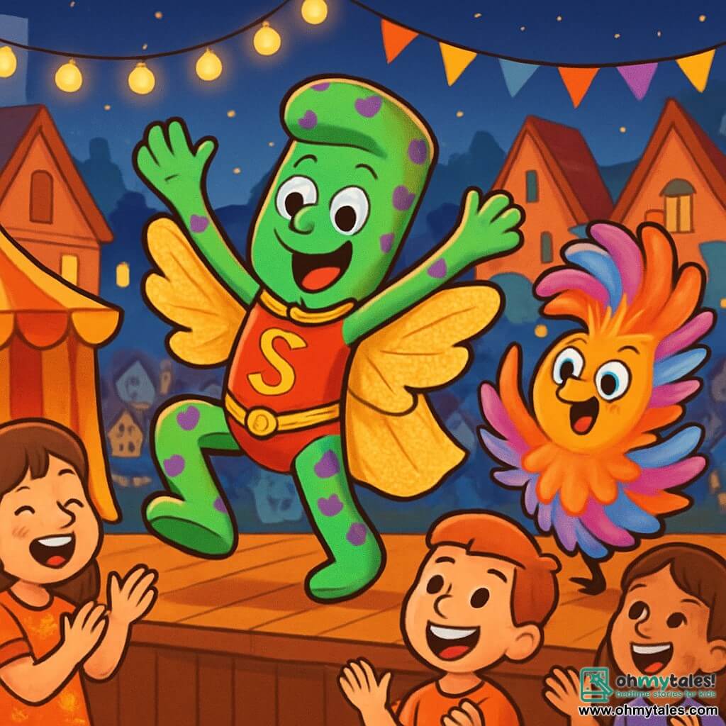 Silas, a young bright green sock with purple polka dots, wears a sparkling superhero costume with shiny wings and a big joyful smile on his face. He dances on stage with his arms raised, full of energy and pride. Next to him, Bella, a colorful boa feather, twirls with vibrant feathers, showing an expression of excitement and support. In the background, the village of Whimsy is decorated with string lights and colorful stalls, with children laughing and applauding, creating a festive and joyful atmosphere. The scene shows Silas celebrating his victory in the costume contest, surrounded by an enthusiastic crowd, all united in the joy of the carnival.