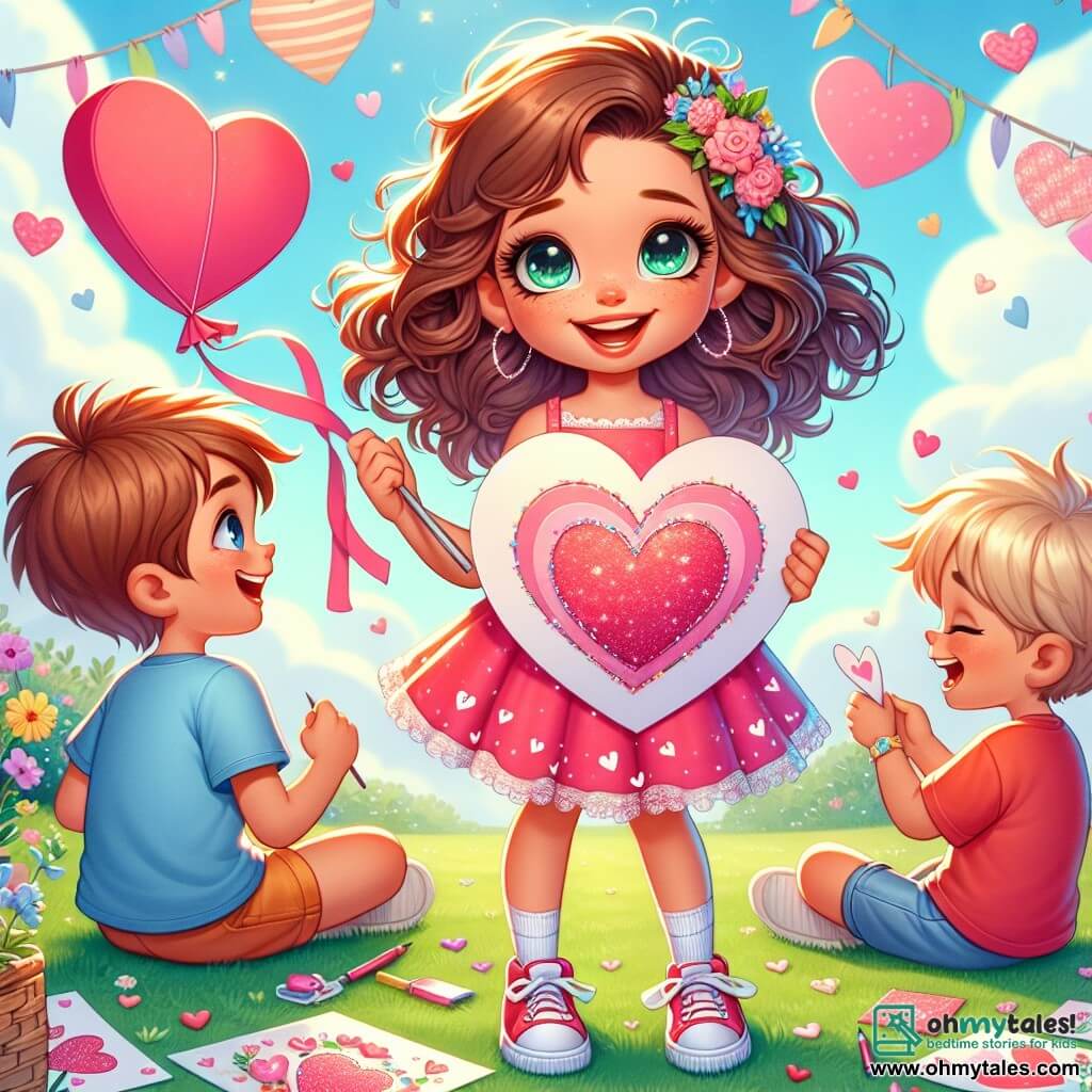 A 12-year-old girl, Lily, with curly brown hair and a big joyful smile, holds a huge glittery paper heart in her hands. She wears a bright pink dress adorned with small hearts and white sneakers. Her eyes sparkle with excitement as she prepares to share her Valentine's Day cards with her friends. Next to her, Benny, a 12-year-old boy with messy blonde hair, laughs while holding a heart-shaped kite. He is wearing a blue t-shirt and shorts, standing on the lawn, ready to fly his kite in the sunny sky. Mia, an 11-year-old girl with brown hair and a flower crown, sits on the grass surrounded by the Valentine's cards she created. She smiles at Lily, eager to join the celebration. The scene takes place in a vibrant and colorful park filled with blooming flowers, children's laughter, and floating balloons. The sky is bright blue, and paper hearts decorate the trees, creating a festive and joyful atmosphere. Lily, surrounded by her friends, is distributing Valentine's cards and chocolates, sharing smiles and joy, while a gentle breeze makes the leaves dance.