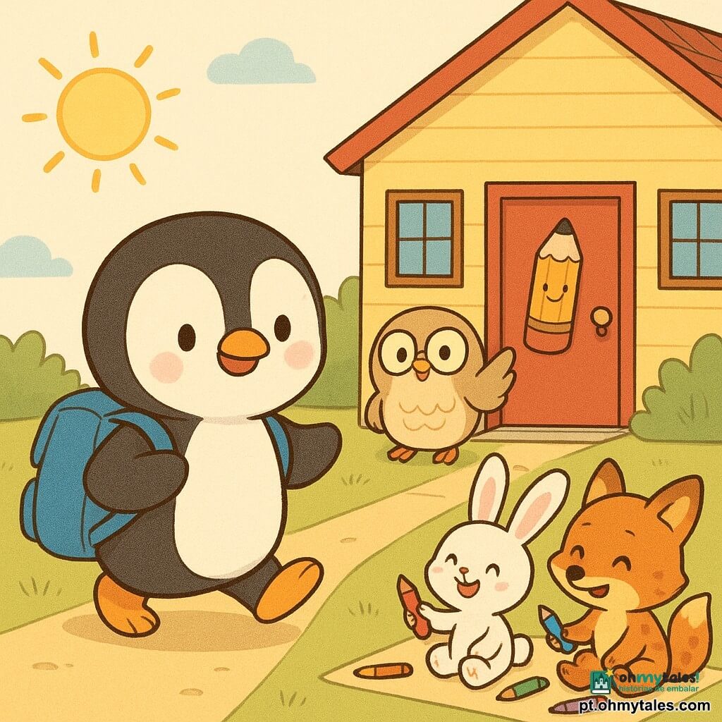 Pipo, um pequeno pinguim de pelúcia preto e branco com ar alegre e sorriso tímido, caminha para a escola balançando as asas e carregando uma mochila azul larga que se inclina; uma professora coruja redonda de plumagem bege e óculos redondos sorri benevolente na porta acenando com a pata; dois amigos — um coelho branco de grandes orelhas rosadas e uma pequena raposa ruiva com manchas — riem e brincam com lápis de cor num tapete em frente à sala; a escola é uma casinha de madeira amarelo-pálido com porta vermelha decorada com um lápis sorridente, janelas quadradas e uma campainha brilhante ao lado; cenário: Pipo chega à entrada da sala ao sol da manhã, mochila em movimento, ambiente caloroso e colorido, sensação de curiosidade e confiança.