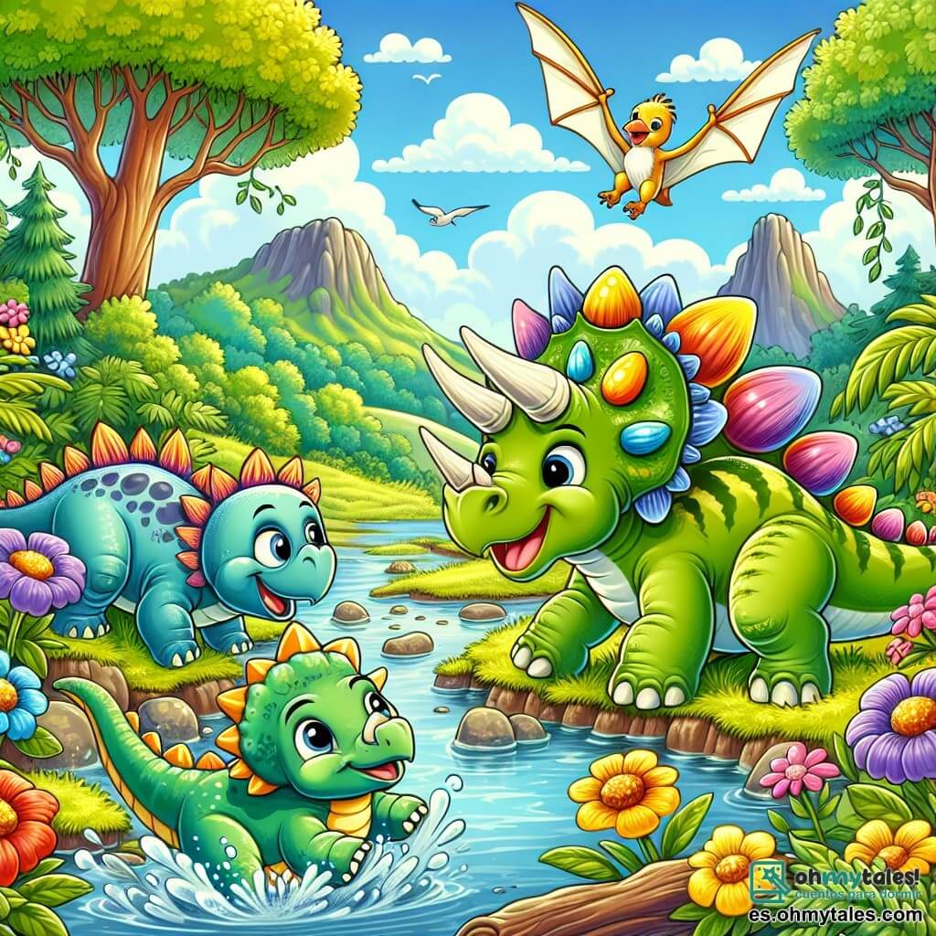 Un estegosaurio llamado Estela, con espinas suaves y coloridas en su espalda, se encuentra alegremente al borde de un arroyo, salpicando agua con sus patas mientras ríe. A su lado, un triceratops llamado Tito, con tres cuernos majestuosos y piel verde, mira a Estela con una gran sonrisa, listo para saltar al agua. Un pequeño pterodáctilo llamado Pía, con alas brillantes y plumaje amarillo, vuela en círculos sobre ellos, emitiendo gritos alegres. El escenario es un hermoso valle verde, lleno de grandes flores coloridas, árboles gruesos y un cielo azul con nubes blancas esponjosas. La escena principal muestra a Estela, Tito y Pía jugando juntos en el agua fresca, salpicando y riendo, rodeados por la belleza de la naturaleza prehistórica.