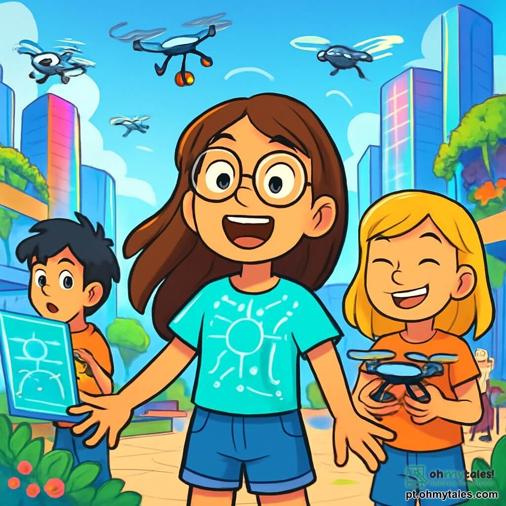 Uma menina de 12 anos, com cabelos longos e castanhos e óculos redondos, está no centro de uma praça futurista, com os olhos arregalados de alegria e admiração. Ela usa uma camiseta brilhante com padrões de circuitos eletrônicos e um short de denim. Ao lado dela, uma menina de 11 anos com cabelos loiros sorri segurando um pequeno drone, pronta para fazê-lo voar. Ao fundo, um menino de 12 anos, com cabelos negros bagunçados, observa um holograma flutuante, fascinado pelas informações sobre energia solar. O local é uma praça movimentada da cidade de Neoluz, cercada por torres de vidro que mudam de cor ao sol, com jardins suspensos cheios de plantas verdes e flores vibrantes. Drones sobrevoam a cena, entregando frutas frescas aos transeuntes, enquanto robôs sorridentes ajudam os idosos a atravessar a rua. A situação principal mostra a menina, cheia de entusiasmo, descobrindo as maravilhas tecnológicas da cidade, cercada por seus novos amigos, todos ansiosos para proteger o planeta com criatividade e engenhosidade.