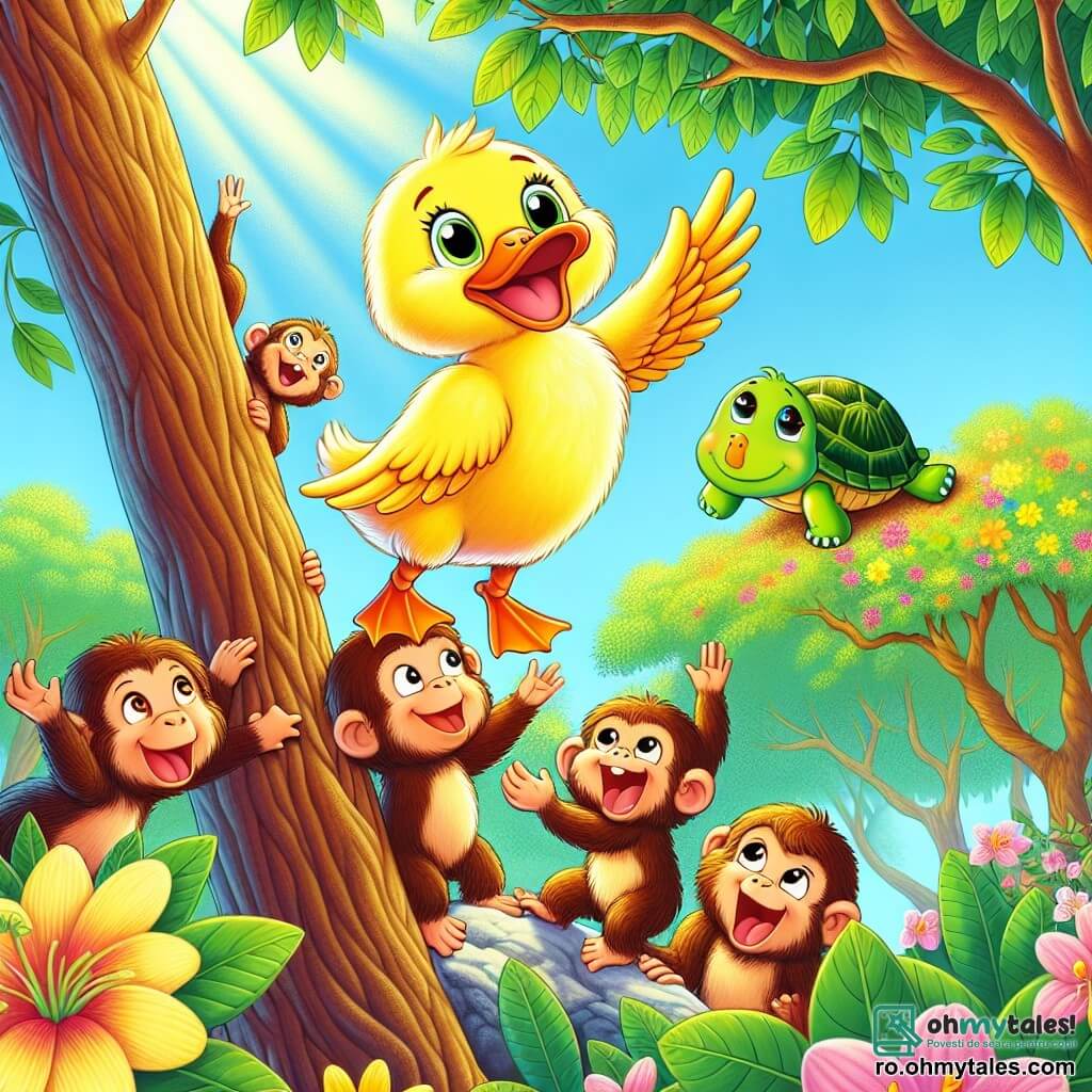 Un rață pe nume Ducky, cu un penaj galben strălucitor și un cioc mic portocaliu, stă bucuros în vârful unui copac mare, cu aripile desfăcute, afișând un zâmbet larg de excitație. Lângă el, un grup de maimuțe jucăușe, cu blană brună și ochi strălucitori, se agață de crengi, râzând și aplaudându-l pe Ducky pentru saltul său incredibil. Jos, o broască țestoasă pe nume Toti, cu un carapace verde și ochi blânzi, îi privește cu un zâmbet binevoitor, așezată liniștită pe o piatră. Scena are loc într-o junglă luxuriantă, plină de frunze verzi strălucitoare, flori colorate și raze de soare filtrându-se printre copaci. Ducky și prietenii săi sărbătoresc prietenia lor după ce au descoperit o poiană minunată plină de flori, pregătiți să se distreze împreună în această aventură veselă.