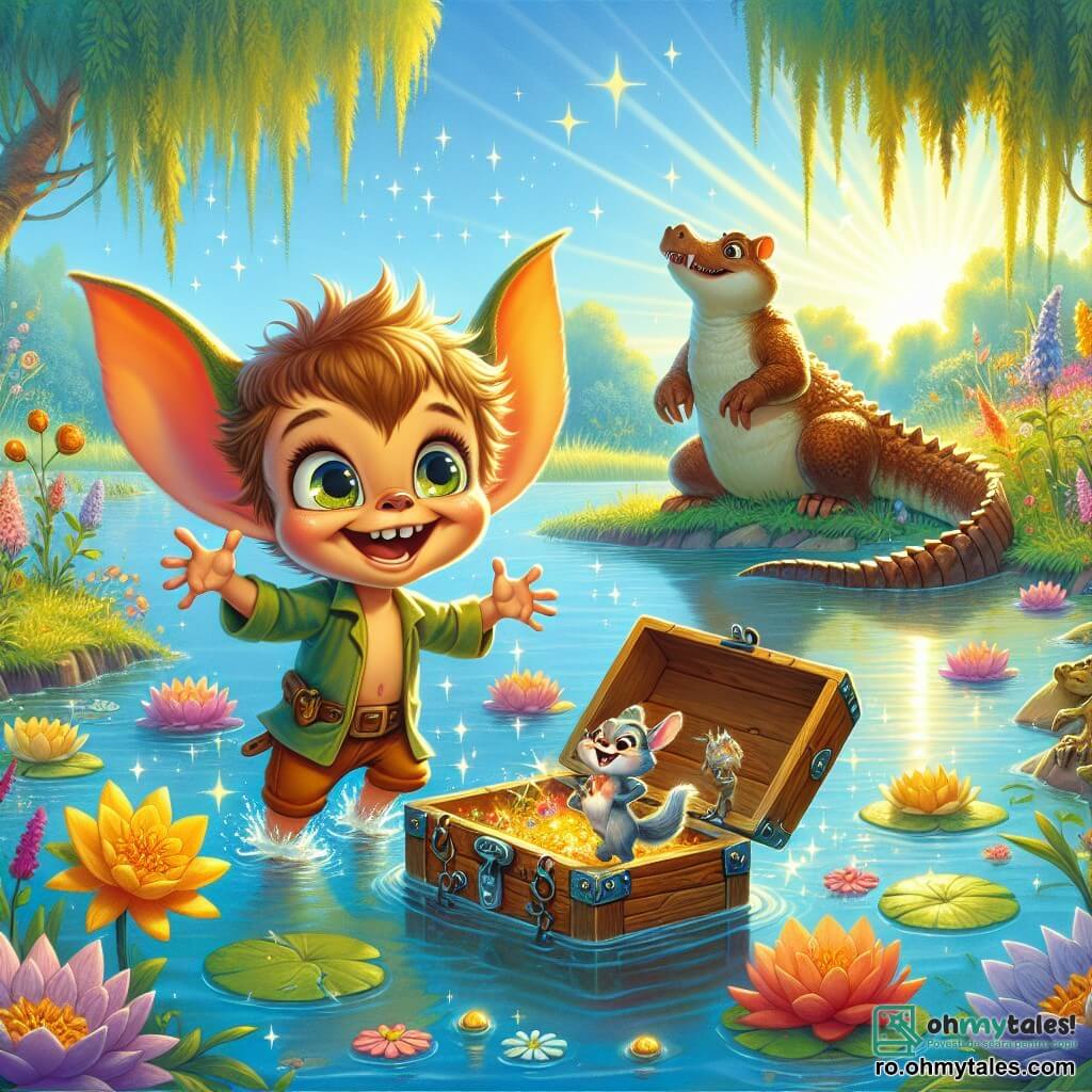 Hopa, un goblin vesel cu ochi strălucitori și urechi ascuțite, stă pe marginea unui lac strălucitor, zâmbind cu uimire în timp ce descoperă o cutie veche în mijlocul apei. Lângă el, Mica, o veveriță jucăușă cu blană brună și o coadă pufoasă, dansează vesel, aruncând flori colorate pentru a distra un crocodil adormit pe mal. Puf, un iepuraș cu urechi mari și albe, stă puțin mai în spate, observând cu entuziasm, pregătit să sară în apă pentru a-l ajuta pe Hopa. Lacul este înconjurat de flori strălucitoare și copaci mari verzi, în timp ce soarele strălucește pe un cer albastru deschis, creând o atmosferă magică. În această scenă, Hopa și prietenii săi sunt pe cale să descopere o comoară ascunsă, plini de entuziasm și aventură.