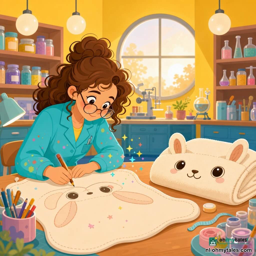 Volwassen vrouw Lotte, enthousiast en geconcentreerd, zachte glimlach, glinsterende ogen, krullend kastanjebruin haar, scheve ronde bril, turquoise labjas met verfvlekken, houdt een potlood en tekent op een tafel een grote deken met oren; bij haar ligt een prototype-dekentje dat glimlacht, crèmekleurig pastel met geborduurde ogen en oren, opgevouwen alsof het wacht om uitgevonden te worden; het warme kleurrijke laboratorium heeft gele muren, blauw rubberen vloer, planken met potjes gelabeld "Ideeën" en "Een beetje gek", glanzende gereedschappen, ronde hanglampen en een ronde raamopening met zacht avondlicht; Lotte ontwerpt een magische deken die ’s nachts fluistert om kinderen te troosten, papier en potloden liggen verspreid en kleine gekleurde fonkels omringen de eenvoudige, afgeronde pastelvormen.
