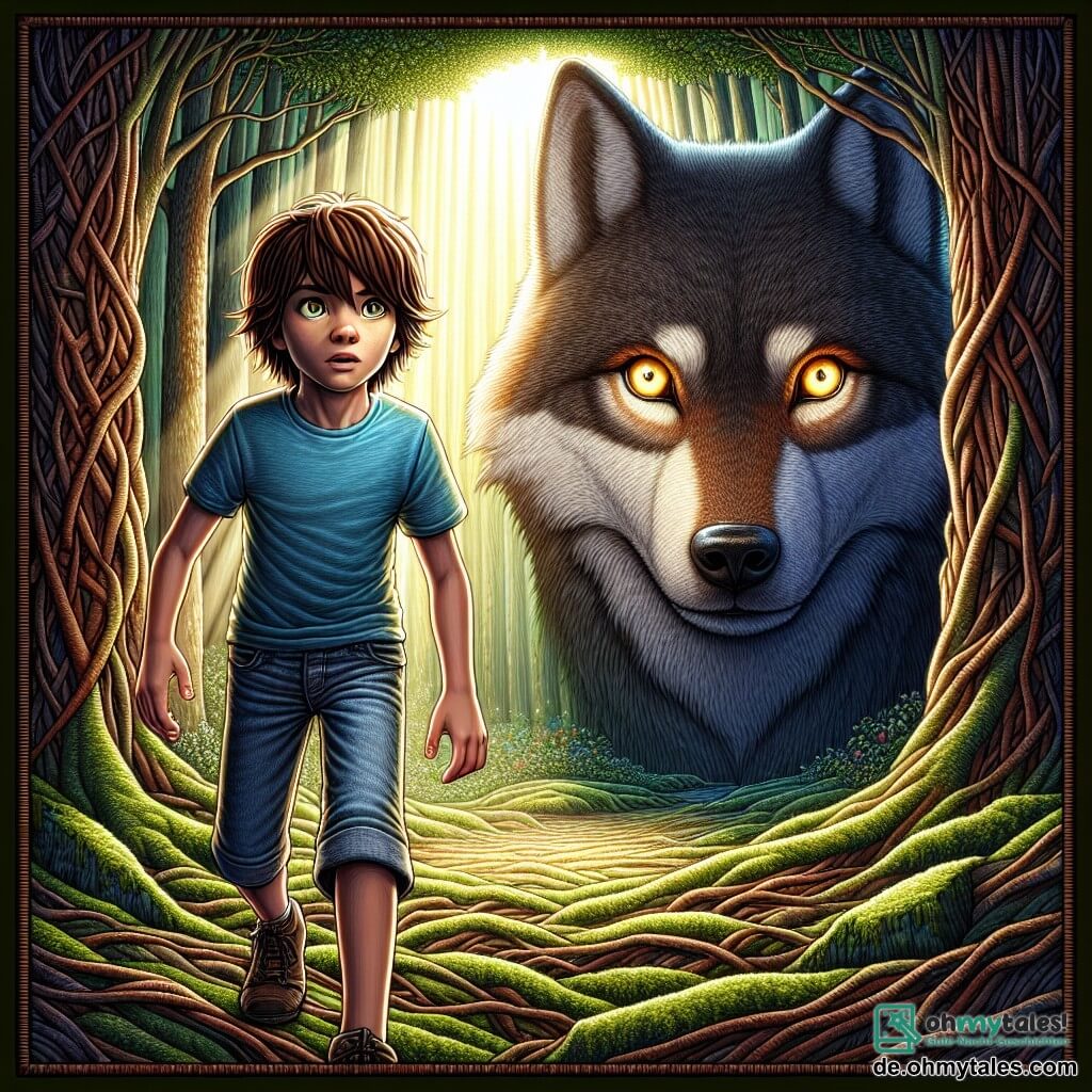 Ein mutiger 11-jähriger Junge namens Lukas steht im Zentrum der Bühne. Er hat zerzauste braune Haare, funkelnde Augen voller Entschlossenheit und trägt ein blaues T-Shirt mit einer Jeansshorts. Sein Gesichtsausdruck ist sowohl konzentriert als auch furchtlos, während er einen Schritt nach vorne macht, bereit, dem großen bösen Wolf gegenüberzutreten. Zu seiner Rechten steht ein großer grauer Wolf mit leuchtenden Augen, der sowohl majestätisch als auch traurig wirkt, mit einer stolzen, aber verletzlichen Haltung. Er schaut Lukas mit einem Hoffnungsstrahl in seinen Augen an, als würde er auf ein Versprechen der Befreiung warten. Im Hintergrund erstreckt sich ein dichter, geheimnisvoller Wald mit dicken Baumstämmen und leuchtend grünen Blättern. Sonnenstrahlen dringen durch das Blätterdach und erzeugen leuchtende Muster auf dem moosbedeckten Boden. Die Szene zeigt den entscheidenden Moment, in dem Lukas, bewaffnet mit seinem Mut, dem Wolf gegenübersteht, bereit, die Wahrheit zu entdecken und das Unheil zu brechen, das auf ihm lastet. Die Atmosphäre ist emotional aufgeladen, voller Spannung und Hoffnung, während die Magie des Waldes sie umgibt.