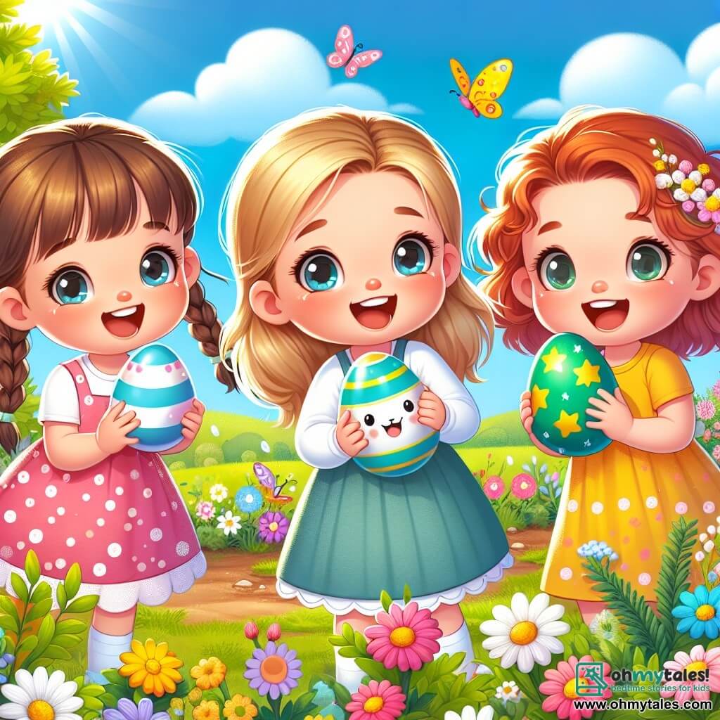Three little girls are hunting for Easter eggs in a sunny garden. Lily, a 7-year-old with brown hair in braids, wears a pink polka dot dress and holds a decorated egg with a big smile. Next to her, Mia, a 6-year-old with a blonde ponytail, is dressed in a blue tunic and proudly shows off a striped blue egg. Finally, Zoe, a 5-year-old with curly red hair, wears a yellow dress and holds a green egg with stars. They are all joyfully gathered near a large tree with bright green foliage. The garden is filled with colorful flowers, fluttering butterflies, and a well-kept lawn. In the background, a clear blue sky with a few white clouds adds to the cheerful atmosphere. The girls laugh and exclaim as they search for eggs hidden behind flowers and under leaves, while a little green frog hops nearby, adding a touch of magic to this joyful and colorful egg hunt.