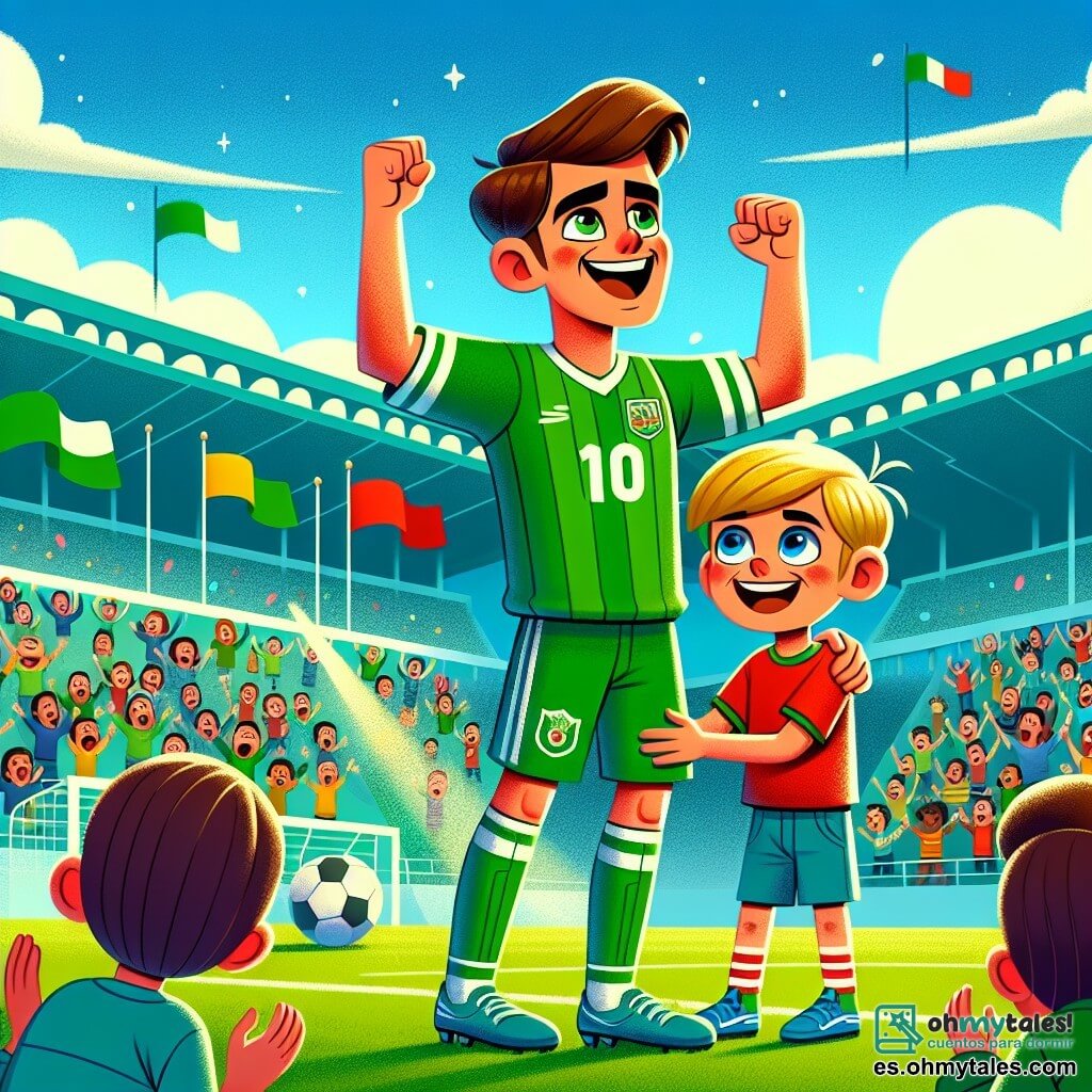 El personaje principal, Leo, es un joven atlético de unos 25 años, con cabello castaño y ojos brillantes de alegría. Lleva una camiseta verde con el número 10, un pantalón corto a juego y zapatos de fútbol, y celebra con una gran sonrisa después de marcar un gol. A su lado, Pedro, un niño de 10 años con cabello rubio y ojos azules, mira a Leo con admiración, con los brazos levantados en señal de victoria. Lleva una camiseta roja y un pantalón corto azul, y está en el césped, rodeado de sus amigos, todos aplaudiendo. La escena tiene lugar en un gran estadio durante el día, con gradas llenas de espectadores entusiastas, banderas ondeando y pancartas coloridas. El cielo es azul, con algunas nubes blancas, y la hierba del campo es de un verde brillante, perfectamente cuidada. La situación principal muestra a Leo celebrando su gol decisivo, levantando los brazos al cielo, mientras los aficionados en las gradas gritan de alegría, creando una atmósfera festiva y llena de energía.