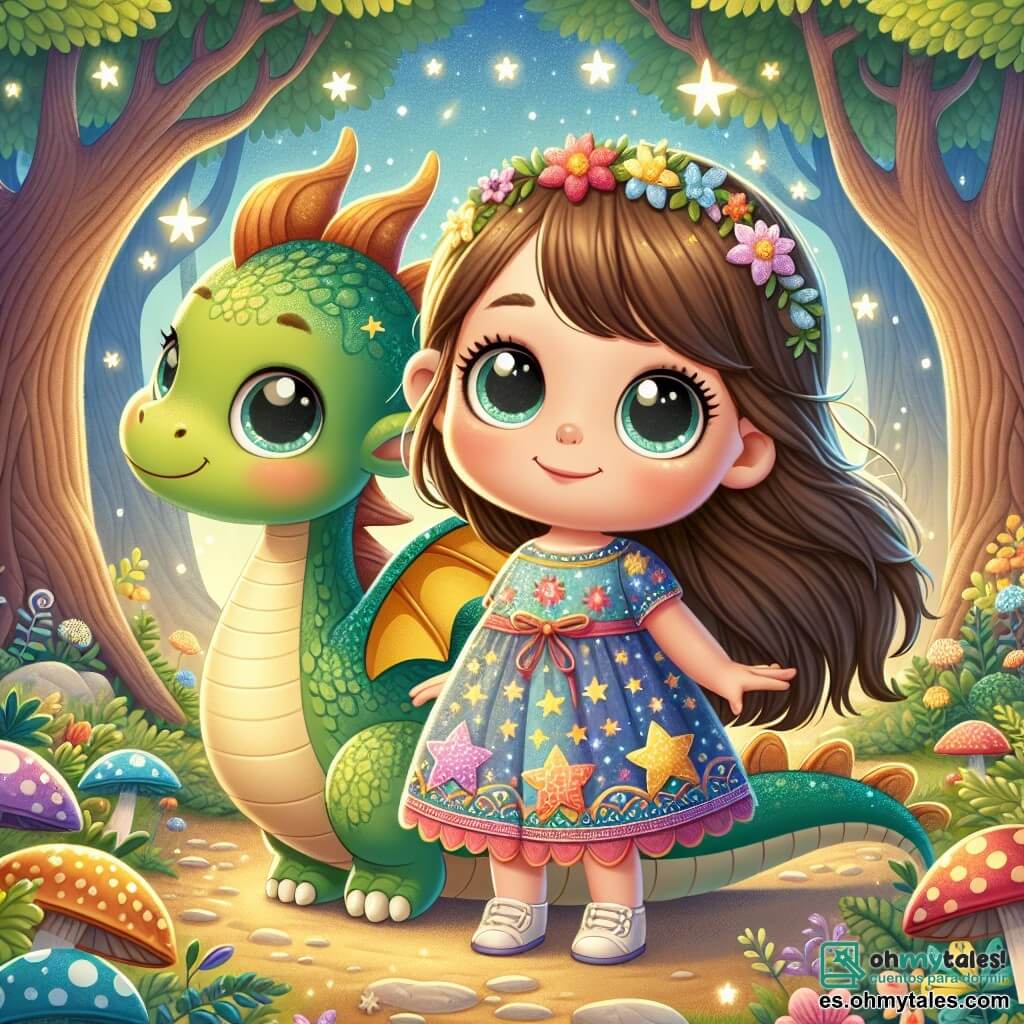 Una niña de 4 años, llamada Luna, con largos cabellos castaños y ojos llenos de curiosidad, sonríe con asombro mientras está sobre la espalda de un dragón. Lleva un vestido colorido decorado con motivos de estrellas y flores. A su lado, Drago, un dragón miniatura con escamas brillantes de verde y oro, agita sus alas con entusiasmo. Tiene grandes ojos tiernos y una sonrisa amistosa, y parece listo para volar al cielo. El escenario es un hermoso bosque mágico, donde los árboles son altos y majestuosos, sus hojas brillan como estrellas bajo la luz del sol. Flores coloridas y hongos de formas extrañas salpican el suelo, mientras un suave rayo de luz filtra a través de las ramas. La escena muestra a Luna y Drago listos para despegar en el aire, rodeados del brillo de las estrellas de papel que han descubierto, simbolizando su aventura y amistad.