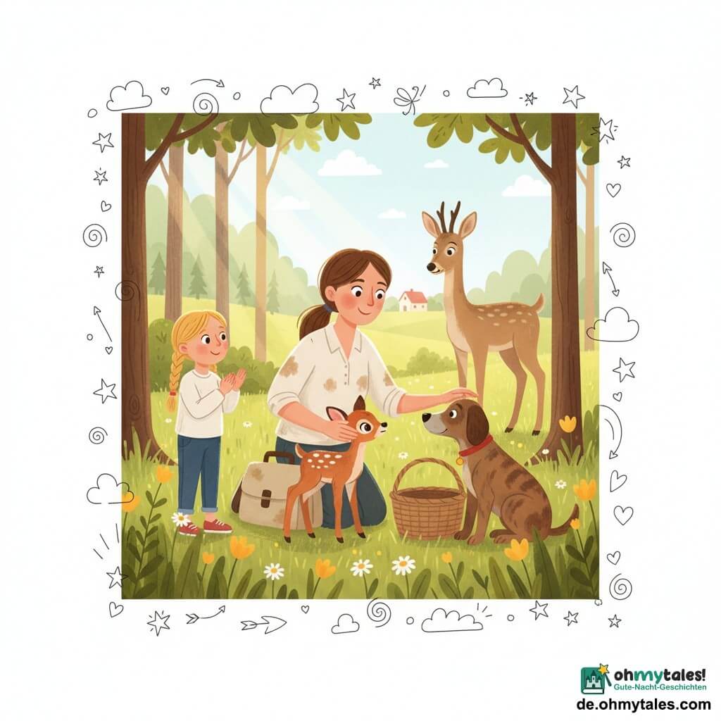 Die Tierärztin Eva kniet lächelnd mit freundlichem Blick und braunem Pferdeschwanz, trägt eine helle, erdverschmutzte Kittelschürze und eine Leinentasche, sie streichelt vorsichtig das kleine rehkitze Lilo; links steht die etwa siebenjährige Leni mit blonden Zöpfen und einem Blumenkleid und klatscht leise, rechts sitzt der braun getigerte Hund Max schützend bei dem Korb; das rötlich gesprenkelte Rehkitze steht wackelig auf den Beinen und blickt zur aus dem Gehölz heraustretenden, schlanken, beigefarbenen Mutter; Szenerie: Morgen an der Waldrandwiese mit hohem Gras, gelben Blumen und Margeriten, Sonnenstrahlen zwischen Eichenstämmen, ferne Farm mit kleinem rotem Haus; Moment: zärtliches Wiedersehen, Eva gibt das Kitze behutsam der Mutter zurück, Leni glücklich, Max wachsam, warme, beruhigende Stimmung.