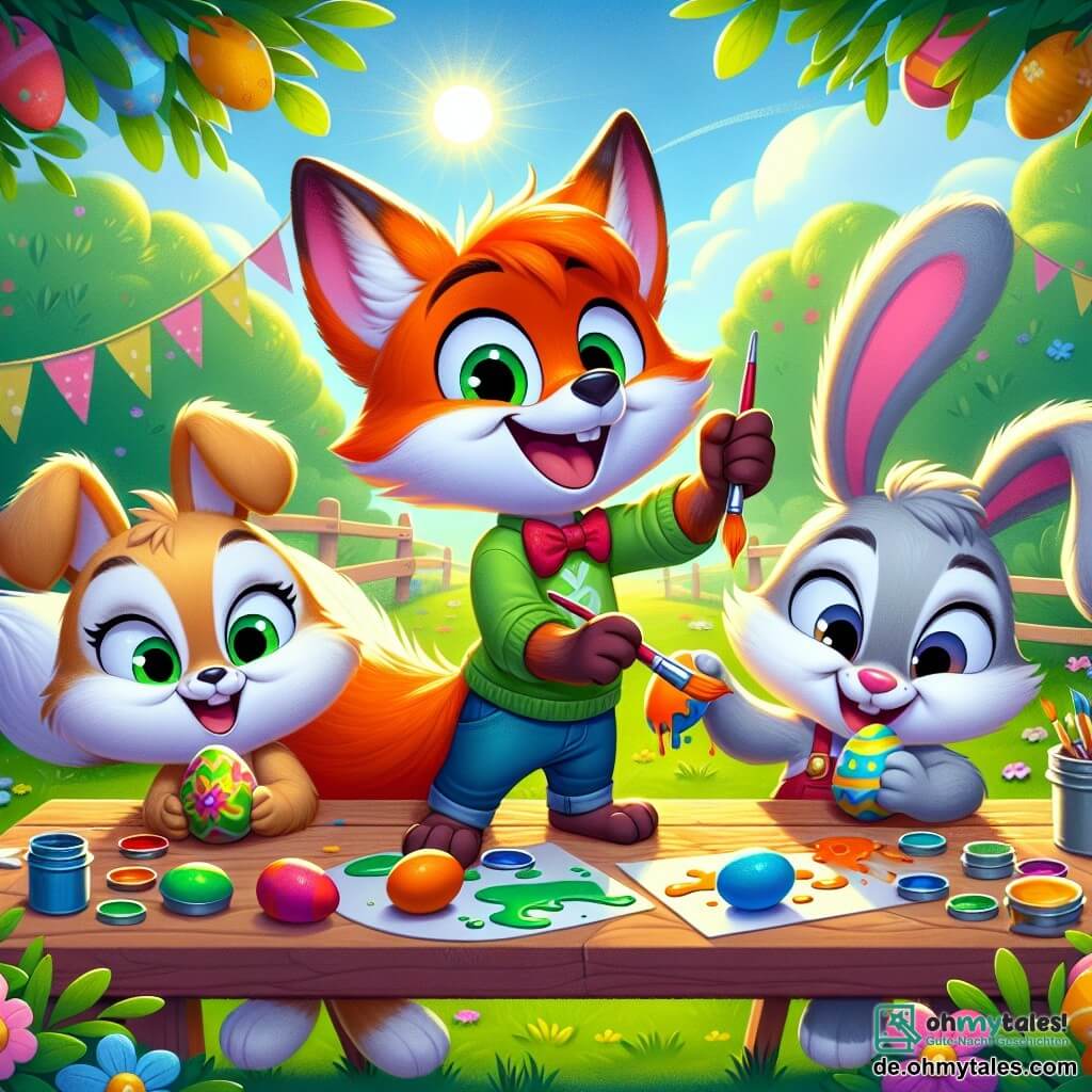 Ein kleiner Fuchs namens Felix, mit leuchtend orangefarbenem Fell und einem buschigen Schwanz, lächelt fröhlich, während er ein grünes Osterei auf einem Holztisch bemalt. Seine Augen funkeln vor Aufregung, während er sich auf sein buntes Werk konzentriert. Neben ihm lacht ein kleiner weißer Hase namens Hoppel, mit großen Ohren und einer roten Fliege, während er ein orangefarbenes Ei hält, das er gerade dekoriert hat. Floppy, ein weiterer Hase mit grauem Fell, hüpft fröhlich und hält ein blaues Ei, seine Augen strahlen vor Glück. 

Die Szene spielt in einer Freiluftschule, umgeben von bunten Blumen und grünen Bäumen, mit festlichen Girlanden, die an den Ästen hängen. Die Sonnenstrahlen erhellen den Ort und schaffen eine fröhliche, festliche Atmosphäre. 

Die drei Freunde bereiten eine große Osternfeier vor, bemalen Eier und dekorieren ihren Tisch, um gemeinsam zu feiern, voller Enthusiasmus und Kameradschaft.