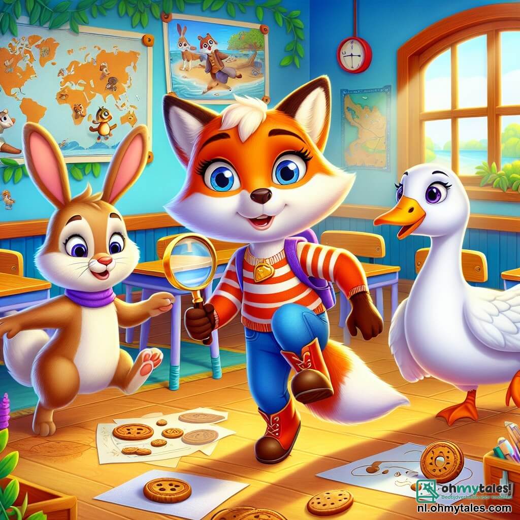 Vicky, de jonge vos met een feloranje vacht en een witte staart, staat in het midden van de afbeelding met een vastberaden en nieuwsgierige blik. Ze houdt een kleine loep in haar voorpoot, klaar om het mysterie van de verdwenen koekjes op te lossen. Naast haar staat Benny het konijn, met zijn grote oren en zachte vacht, die enthousiast op zijn achterpoten springt en met zijn voorpoot een richting aanwijst. Lila, de gans met witte veren en een gele snavel, staat iets op de achtergrond met verwonderde ogen en kijkt aandachtig naar de groep. De scène speelt zich af in een kleurrijk klaslokaal met muren vol dieren tekeningen en kaarten, houten bureaus en een groot raam dat zonlicht binnenlaat. Op het bureau ligt een leeg plateau waar de koekjes op stonden. De situatie toont Vicky en haar vrienden die een onderzoek doen naar de verdwenen koekjes, met een voelbare sfeer van mysterie en avontuur.
