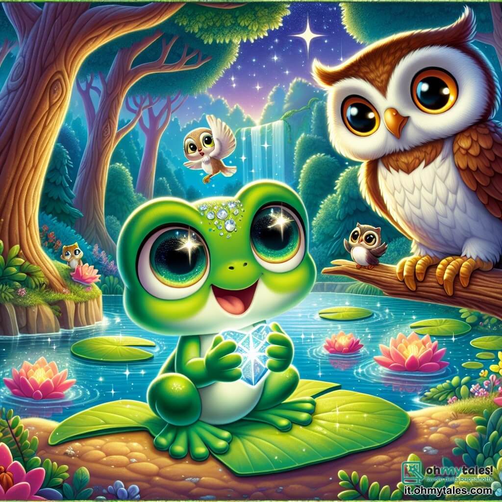Una piccola rana di nome Lillo, con una pelle verde brillante e grandi occhi rotondi, si trova su una foglia di ninfea, il cuore che batte d'eccitazione. Ha un sorriso curioso sul volto, tenendo tra le zampe una pietra scintillante che brilla di una luce dolce. Nelle vicinanze, un saggio gufo dal piumaggio marrone e dagli occhi penetranti, posato su un ramo di una grande quercia, osserva attentamente Lillo, con un'espressione benevola e un'aria di saggezza. Il paesaggio è una foresta incantata, con alberi maestosi dai tronchi spessi, fiori colorati che danzano al vento e un lago dalle acque cristalline che riflette il cielo blu. La scena mostra Lillo che scopre il potere della pietra di luna, pronta ad aiutare un giovane gufo ferito, circondata da un'atmosfera magica e luminosa.