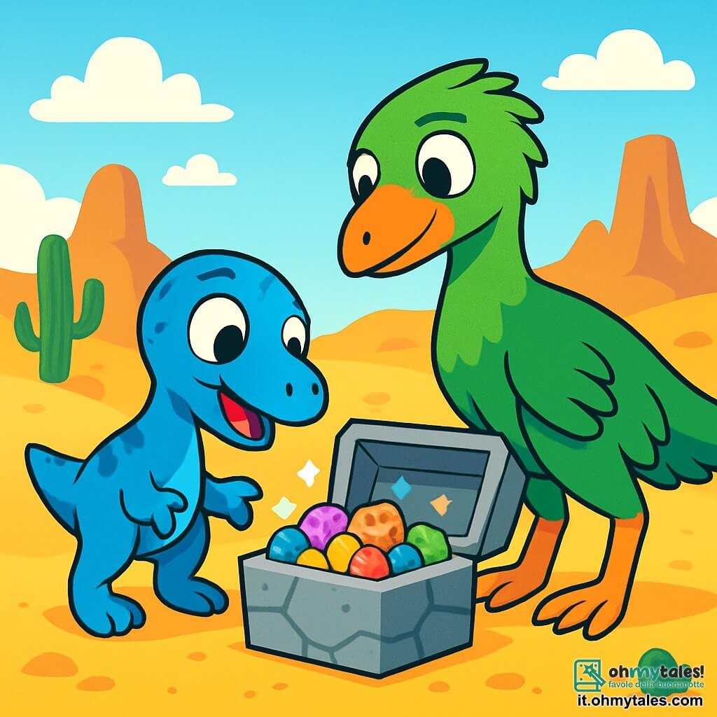 Un piccolo velociraptor blu brillante, con occhi rotondi e curiosi, si trova su una duna di sabbia dorata, con un'espressione di meraviglia sul volto. Sta guardando un scrigno di pietra scintillante, pieno di pietre colorate e fossili, che si trova proprio di fronte a lui. Accanto a lui, sua mamma, un velociraptor più grande con piume verdi e uno sguardo protettivo, lo osserva con un sorriso dolce, pronta a rassicurarlo. Il paesaggio è un vasto deserto antico, costellato di rocce dalle forme strane e di cactus, sotto un cielo blu brillante con alcune nuvole bianche e soffici. La scena principale mostra il piccolo velociraptor che scopre il tesoro nascosto, meravigliato dai colori vivaci e dalle forme affascinanti che lo circondano.