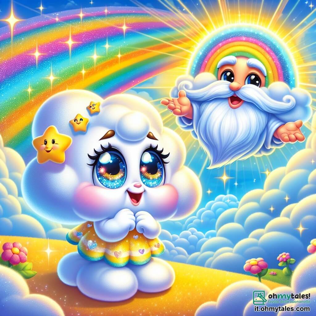 Nilla, una piccola nuvola bianca e soffice, fluttua nel cielo blu splendente, con uno sguardo curioso e meravigliato. Ha occhi brillanti e un sorriso dolce, mentre si prepara a partire per un'avventura. Il Saggio Arcobaleno, un personaggio colorato e maestoso, si trova vicino, con colori vivaci che scintillano sotto il sole. Ha un'espressione benevola e saggia, e sembra indicare una direzione, come se guidasse Nilla verso il suo prossimo viaggio. Il luogo è un vasto cielo punteggiato di nuvole cotonose, con raggi di sole dorati che filtrano, creando un'atmosfera magica e luminosa. La scena principale mostra Nilla, piena di eccitazione, pronta a lasciare il suo angolo di cielo per esplorare il mondo sottostante, mentre l'Arcobaleno le offre preziosi consigli, circondato da colori brillanti e luce.