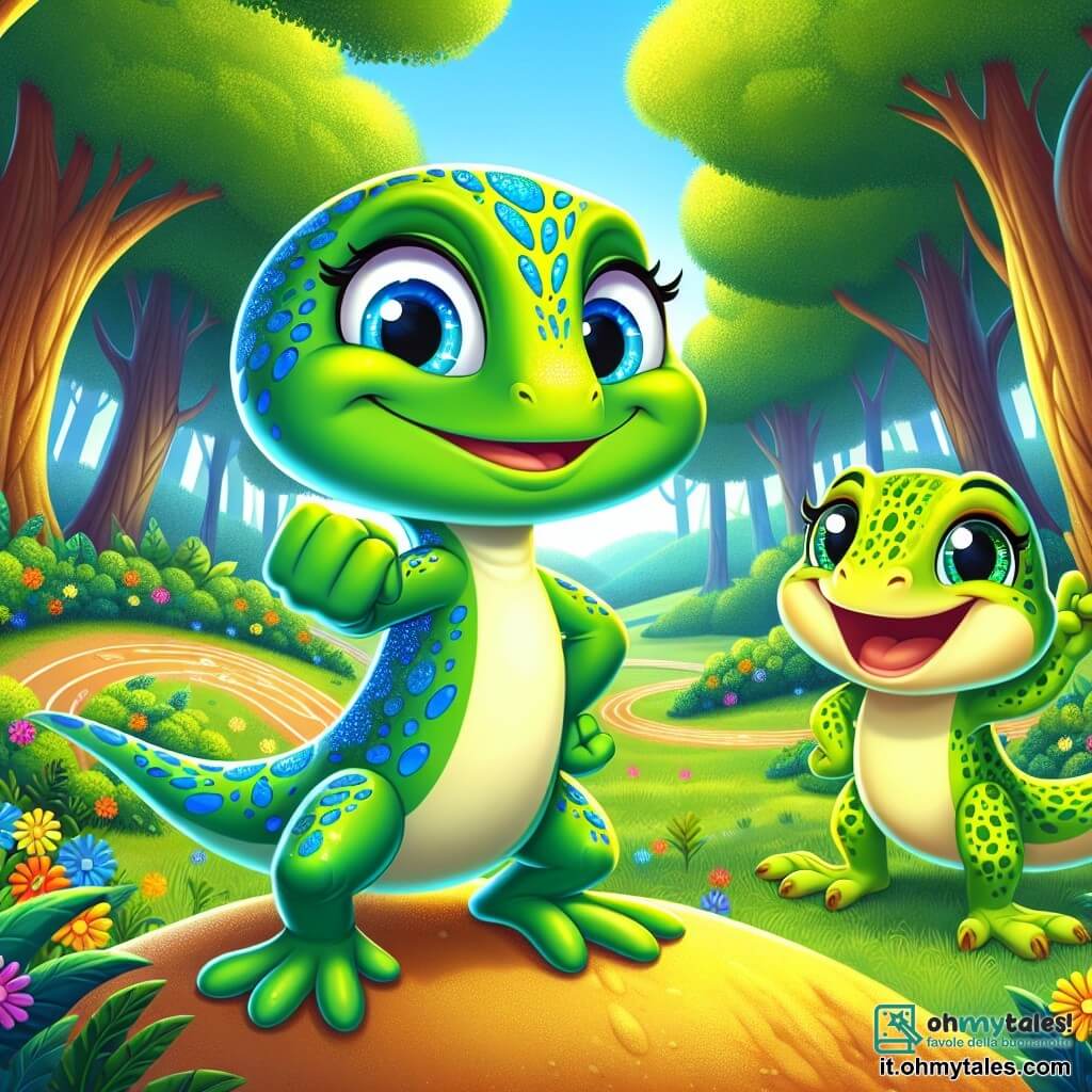 Al centro dell'immagine, Luma, una piccola lucertola con squame verdi brillanti e macchie blu, si trova su una piccola collina soleggiata, con un sorriso radioso di determinazione sul volto. La sua zampetta più corta è leggermente sollevata, mostrando la sua volontà di superare gli ostacoli. A destra, Seta, una lucertola amichevole con squame gialle e occhi scintillanti, la incoraggia con un grande sorriso, le zampe sollevate in segno di eccitazione. Il paesaggio è una foresta incantata, con alberi dai tronchi larghi e foglie di un verde splendente, mentre fiori colorati punteggiano il terreno. Un sentiero tortuoso conduce a un piccolo percorso di corsa, dove altre lucertole si preparano a partecipare, creando un'atmosfera gioiosa e dinamica. La scena principale mostra Luma pronta a partecipare a una corsa amichevole, circondata dalle sue amiche, illustrando così il tema della determinazione e dell'inclusione nonostante le sfide.