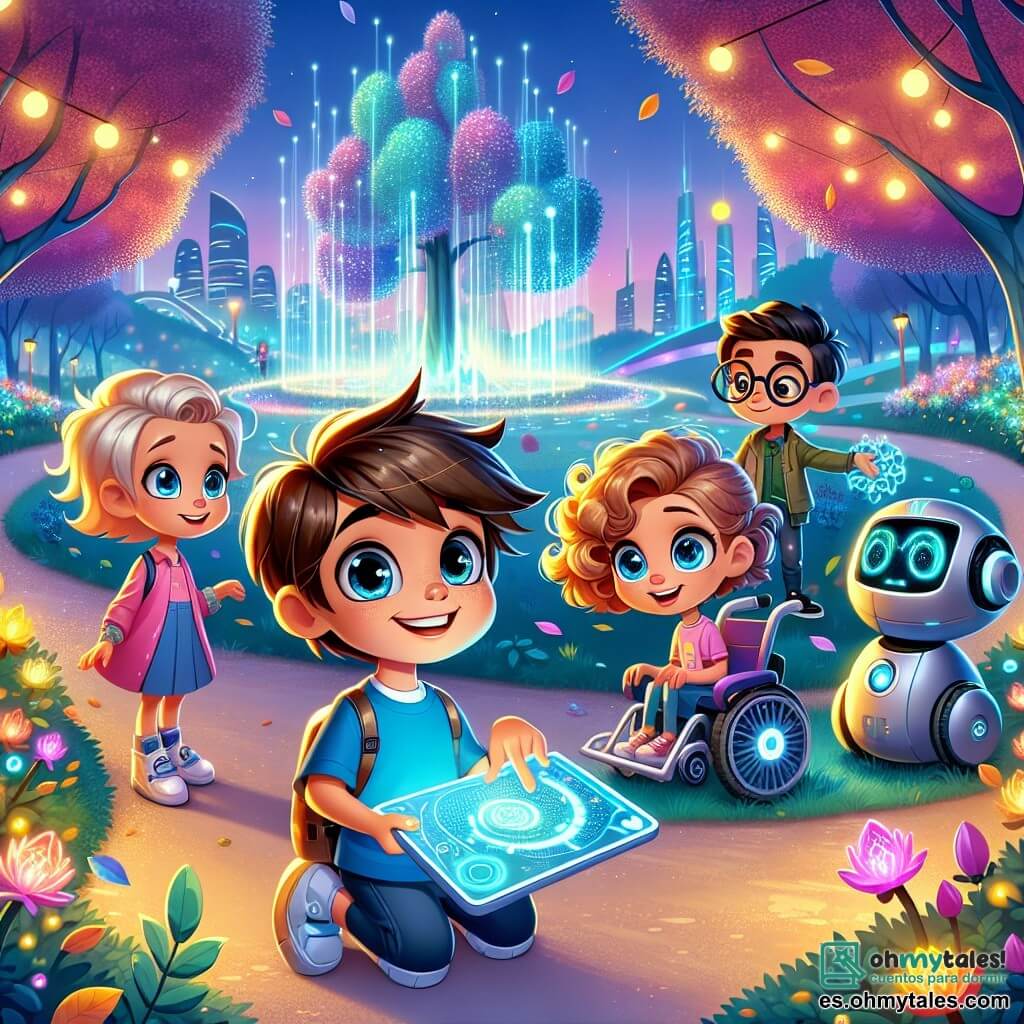 En un parque futurista de Techtopía, cuatro niños están reunidos. Max, un niño de seis años con cabello castaño desordenado y una camiseta azul, sonríe sosteniendo una hoja brillante. Junto a él, Ana, una niña de cabello rubio rizado, lleva un vestido rosa y admira una flor que cambia de color. Lucas, un niño con gafas redondas y cabello negro, observa atentamente su tableta holográfica, proyectando un plano del parque. Por último, Zoe, una niña de cabello castaño y gran energía, está sentada en su silla de ruedas voladora, rodeada de hojas que ha recogido. El parque es mágico, lleno de árboles con troncos brillantes y flores multicolores que bailan al ritmo de una suave melodía. Luces flotantes iluminan el cielo crepuscular, y robots amigables se ocupan de mantener este espacio encantador. Los niños ayudan a un pequeño robot llamado Eco a recoger hojas para mantener el parque limpio y luminoso. Ríen juntos, descubriendo la magia de su ciudad futurista mientras aprenden la importancia de proteger su entorno.