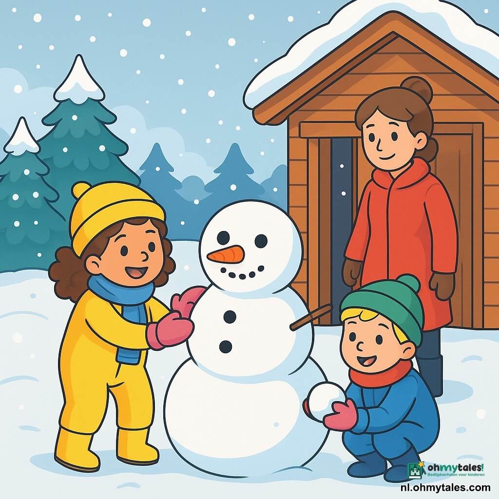 Er zijn 3 personages: Noor: een 5-jarig meisje met bruin krullend haar, in een mooie gele skikleding, roze handschoenen en een blauwe sjaal. Ze staat glimlachend en bouwt een sneeuwman. Milo: een 5-jarig jongetje met kort blond haar, in een blauwe skikleding, een rode sjaal en een groene pet. Hij zit naast Noor, met een sneeuwbal in zijn handen, klaar om te gooien. Mama: een volwassen vrouw met kastanjebruin haar in een knot, in een felrode jas en zwarte laarzen. Ze staat bij de ingang van het chalet en kijkt met een warme glimlach naar de kinderen. De locatie is voor een houten chalet, omringd door een betoverend winterlandschap. Sneeuw bedekt de grond en daken, terwijl zachte sneeuwvlokken uit de lichtgrijze lucht vallen. Majestueuze dennenbomen, bedekt met sneeuw, staan op de achtergrond en creëren een magische sfeer. Noor en Milo spelen vrolijk in de sneeuw, bouwen een sneeuwman met stenen ogen en een grote wortel als neus, terwijl Mama hen met genegenheid aankijkt, wat een warme toets aan deze winterscène toevoegt.