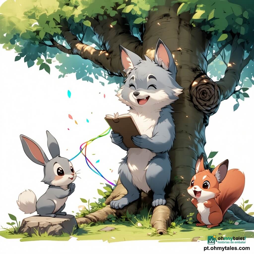 Lupito, um pequeno lobo cinza-claro de pelo fofo, com expressão determinada e sorridente, segura um caderno e guia delicadamente uma linha entre patas/mãos, inclinado sobre um grande nó nos galhos; Lili, uma pequena lebre de orelhas longas e olhos brilhantes, canta em pé sobre uma pedra diante da árvore, cabelos/pelos ao vento; Castorim, um esquilo ruivo de bochechas cheias e olhar travesso, agacha-se junto ao tronco e esfrega o nó com folhas secas; Dona Sombra, uma coruja marrom de sobrancelhas marcantes, pousa numa ramificação acima, com olhar acolhedor e uma asa levantada em gesto de incentivo; o Sir Vento-Teimoso, um grande papagaio-veleiro colorido (azul, laranja, espiral verde na cauda), paira suavemente sobre as copas com fitas flutuando. Local: clareira gramada numa colina, árvore de galhos tortos coberta de cordas coloridas e folhas rodopiantes, céu em tons pastéis. Situação: o grupo trabalha junto para desfazer um enorme nó de linhas na árvore e permitir o pouso seguro do papagaio gigante; clima otimista, gestos cuidadosos e cores vivas.