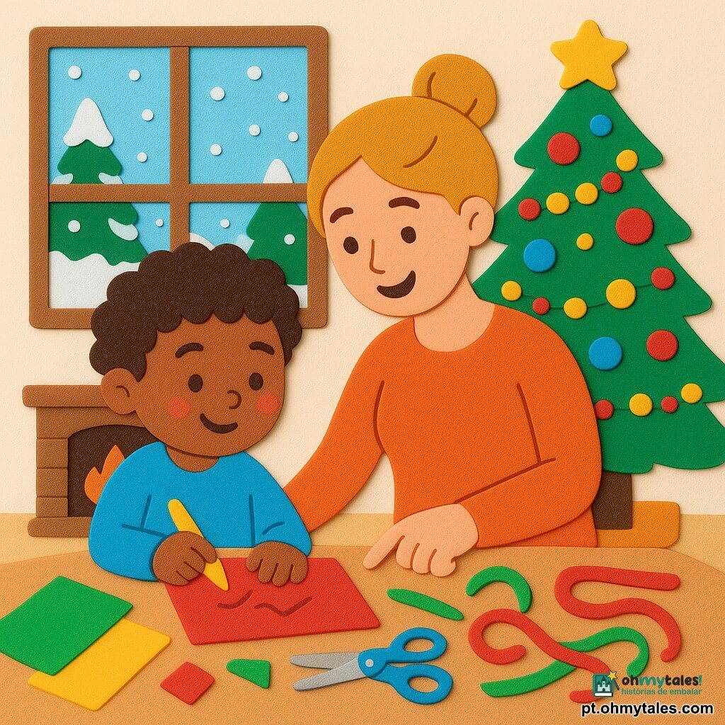 Um menino de 4 anos, chamado Tomás, com cabelos castanhos cacheados e bochechas rosadas, está sentado à uma mesa, concentrado e alegre, desenhando em um papelão vermelho com lápis de cor. Sua mãe, uma mulher de cerca de 30 anos com cabelos loiros presos em um coque, está ao lado dele, sorrindo, mostrando-lhe como escrever uma palavra. Eles estão em uma sala aconchegante, decorada para o Natal, com uma grande janela mostrando um jardim coberto de neve. Uma grande lareira crepita suavemente, e uma bela e grande árvore de Natal brilha com luzes coloridas e decorações brilhantes. A cena principal mostra Tomás e sua mãe criando cartões de felicitações, cercados por papéis coloridos, tesouras e fitas, em um ambiente festivo e iluminado.