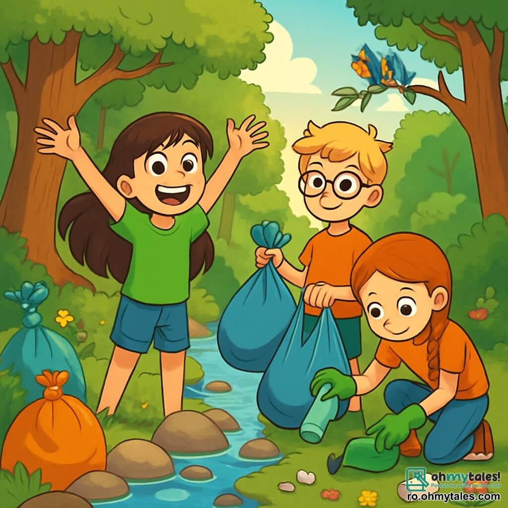 O fată de 12 ani, Andreea, cu păr lung și castaniu și ochi strălucitori de curiozitate, stă pe marginea unui pârâu. Ea poartă un tricou verde aprins și o pereche de pantaloni scurți din denim, zâmbind entuziast, cu brațele ridicate spre cer, ca și cum ar sărbători o descoperire. Lângă ea, prietenul ei Luca, un băiat de 12 ani cu păr blond și ochelari, ține un sac de gunoi, având un aer hotărât, pregătit să curețe natura. Mara, o altă prietenă, cu păr roșcat și împletituri, este ghemuită, adunând gunoaie cu mănuși, având o expresie concentrată. Locul este o pădure verde, luminată de raze de soare, unde copaci majestuoși înconjoară un pârâu cu ape cristaline, presărat cu pietre netede și flori colorate. Scena emană o atmosferă veselă și dinamică, ilustrând angajamentul copiilor de a proteja mediul înconjurător. Ei sunt înconjurați de saci de gunoi colorați, pregătiți să fie umpluți, în timp ce păsările cântă în crengile de deasupra lor, adăugând o notă de viață acestei zile frumoase de curățenie.