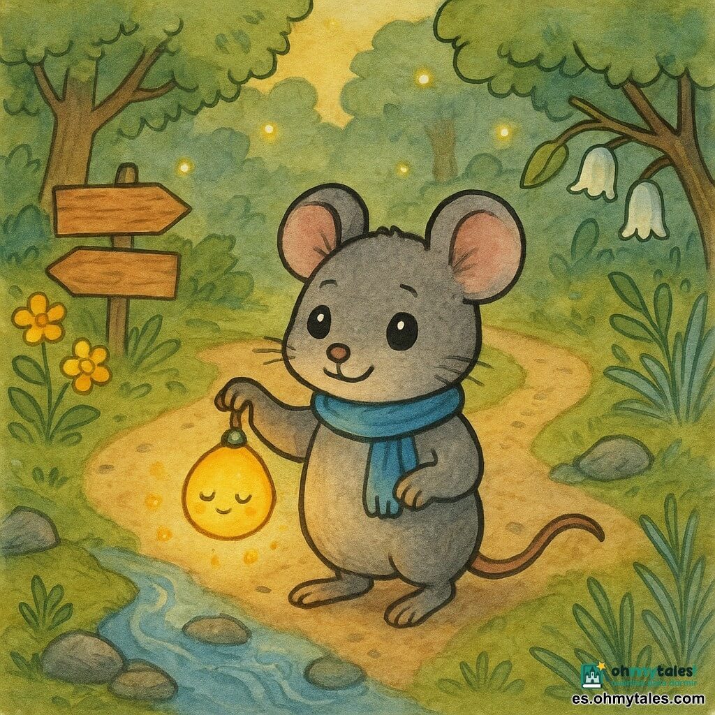 Un pequeño ratón Ratmalín, valiente y dulce, ojos redondos brillantes, pelaje gris cálido, con una pequeña bufanda azul y una diminuta linterna en forma de gota que titila; sonríe tímido y levanta una pata dudando en avanzar por un sendero forestal que se divide en tres: a la izquierda paneles de miel brillantes y flores amarillas, al centro un arroyo azul claro con piedras húmedas, a la derecha campanillas colgantes y hierbas plateadas al viento; la linterna es un personaje secundario, una luz amarillo‑anaranjada redonda y somnolienta que tiembla y flota junto al ratón; otros secundarios: hojas animadas y una luciérnaga lejana como pequeñas luces detrás; atmósfera suave, colorida e invitante, composición centrada en el ratón frente a los tres caminos, estilo tinta coloreada con trazos sencillos y formas redondeadas para los más pequeños.