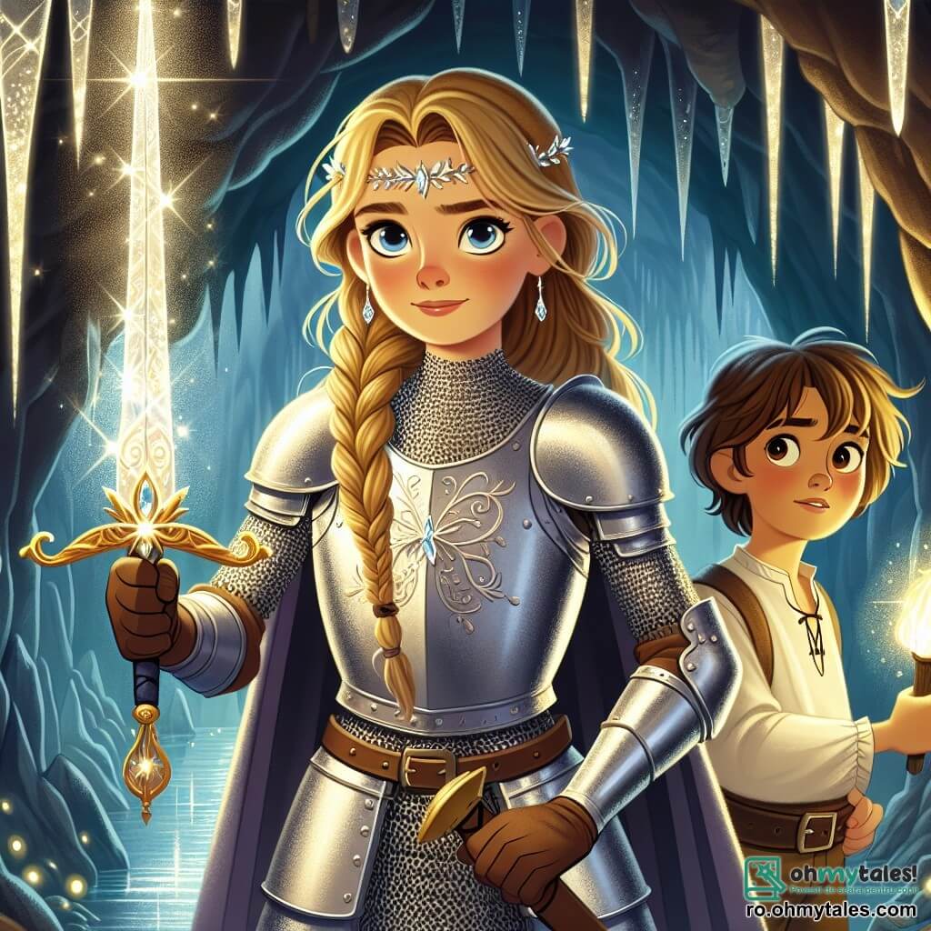 În prim-plan, o cavaleră curajoasă, Selina, stă mândră, ținând în mână o sabie magică strălucitoare. Are părul lung blond împletit, ochii strălucitori de determinare și poartă o armură sclipitoare decorată cu motive florale. Fața ei exprimă atât bravură, cât și concentrare, în timp ce se pregătește să-și apere regatul. Lângă ea, Aiden, un băiat de 12 ani cu părul brun și ochii plini de entuziasm, o observă cu admirație. Poartă o tunică simplă și pantaloni din piele, ținând o torță care le luminează calea în întuneric. Decorul se află la intrarea unei peșteri misterioase, unde umbrele dansează pe pereți, creând o atmosferă atât îngrijorătoare, cât și magică. Stalactite strălucitoare atârnă de tavan, în timp ce o lumină blândă emană din piatra magică din centrul peșterii. Situația principală îi arată pe Selina și Aiden în fața unei armate de creaturi monstruoase, pregătite să-și apere regatul. Selina, cu o postură hotărâtă, se pregătește să lupte, în timp ce Aiden, cu torța în mână, se pregătește să o sprijine în această bătălie epică pentru a salva Eldoria.