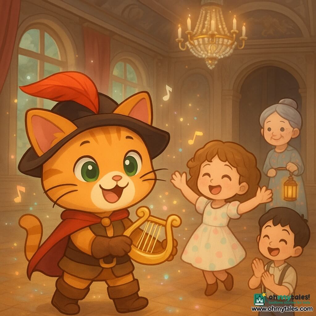 The main character is Puss in Boots, expressive and joyful with sparkling green eyes, curved whiskers, brown leather boots, a red feathered hat and short cape, holding a small shimmering lyre and playing with a lively, confident pose; a ca. 9-year-old girl with light brown curly hair in a pastel polka-dot dress dances with arms raised, amazed; an about 11-year-old boy with short black hair, a simple shirt and suspenders laughs and applauds slightly behind; an elderly woman (~65) with grey hair in a bun, wearing a floral dress and holding a lantern, stands at the castle doors smiling and moved; the setting is the grand ballroom of a renovated castle with polished floors, crystal chandeliers, painted high ceilings and open crimson curtains revealing a sparkling forest; Puss in Boots stands center-stage playing a magical lyre that awakens the castle music while villagers dance and laugh as glowing notes float and colorful reflections dance on the floor.