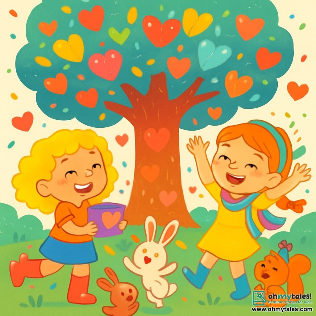 There are 2 main characters: Mila, a 7-year-old girl with curly golden hair wearing shiny red boots, smiling enthusiastically while holding a small heart-shaped candy box, and Penny, a 7-year-old girl with freckles and a sparkling rainbow scarf, joyfully dancing with her arms raised, surrounded by small animals. The setting is the enchanted Heartberry forest, where a large sparkling tree, the "Kindness Tree," stands at the center, its leaves shining in various colors and glowing hearts floating around. Funny animals, like heart-eared rabbits and squirrels wearing candy crowns, dance and play around the tree. The main scene shows Mila and Penny dancing together under the tree, surrounded by their new animal friends, with floating hearts and bright smiles, as colorful confetti falls from the sky, creating an atmosphere filled with joy and laughter.