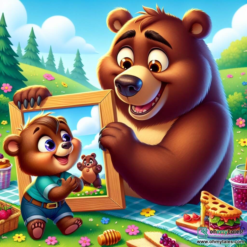A little brown bear named Benny, with soft fluffy fur, sports a big joyful smile and sparkling eyes of excitement. He holds a wooden frame containing a restored photograph of his dad, Big Bear, while bouncing on his hind legs in a sunny meadow. Next to him, Big Bear, a large bear with dark brown fur and an emotional expression, looks at the photo with tenderness, his eyes shining with nostalgia. He is sitting on the green grass, surrounded by delicious picnic treats like honey sandwiches and berry pies. The setting is a sunny meadow dotted with colorful flowers, with tall green trees in the background and a clear blue sky scattered with fluffy white clouds. The main scene shows Benny, overflowing with enthusiasm, presenting the surprise gift to his dad for Father's Day, creating a moment of joy and tenderness between them.