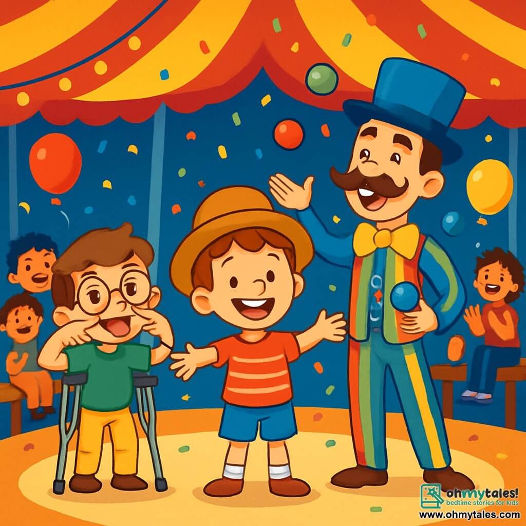 There are 3 characters: Timmy, an 8-year-old boy with a big smile, wearing an oversized hat, a red striped shirt, and blue shorts, standing in the center with arms open, ready to entertain the audience; Benny, a 9-year-old boy with round glasses that enlarge his eyes, wearing a green t-shirt and yellow pants, to the left of Timmy, making a funny face with crutches beside him; and Joey, a 25-year-old juggler with a large mustache and a colorful striped costume, to the right of Timmy, juggling colorful balls with a big smile. The scene takes place under a vibrant circus tent with bright colors: red, yellow, and blue. Sparkling lights illuminate the stage, and joyful spectators sit on wooden benches, clapping enthusiastically. Balloons float in the air, and confetti gently falls around them. The main situation shows Timmy and Benny on stage making the audience laugh with jokes and funny faces while Joey juggles skillfully. The atmosphere is festive and joyful, filled with laughter and applause.