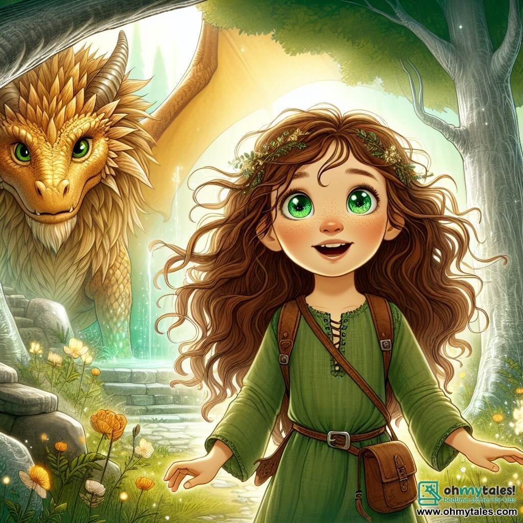 A 12-year-old girl, Elara, stands center stage, with sparkling emerald eyes and wavy brown hair gently flowing in the wind. She wears a green linen tunic and a small backpack, her face radiating excitement as she discovers a secret path in the forest. To her right, a majestic dragon with golden scales and wise, kind eyes watches her with a friendly smile. The setting is an enchanted clearing in the heart of a mysterious forest, where silver-trunked trees rise towards the sky and luminescent flowers emit a soft glow. Sunbeams filter through the foliage, creating a magical play of shadows and light. The main scene shows Elara, heart racing, reaching out to touch the Echo of the sparkling stone on a stone pedestal, while the dragon encouragingly stands by, ready to accompany her on her quest to save the forest.