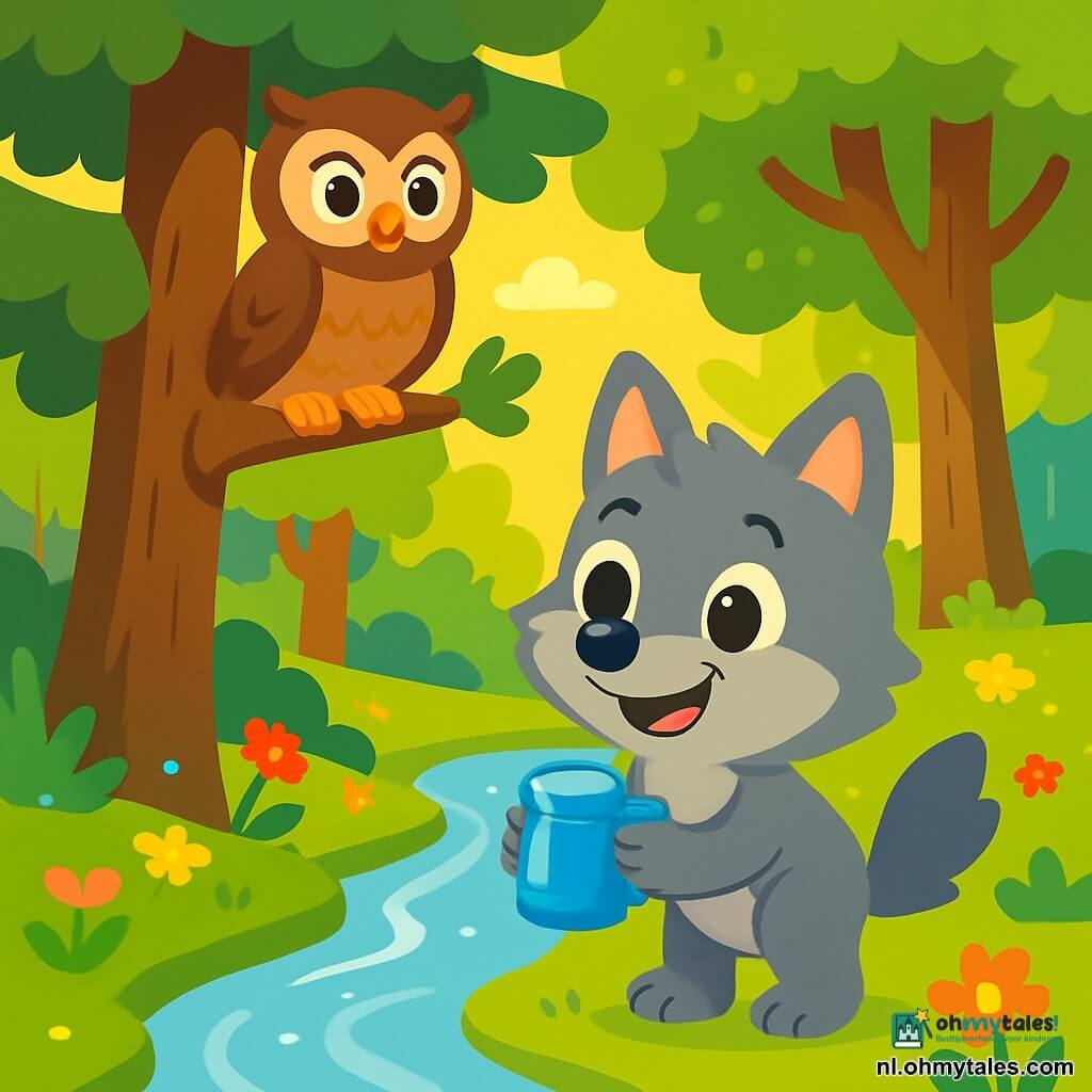 Een kleine wolf genaamd Wolkje, met een zachte grijze vacht en nieuwsgierige ogen, staat bij een glinsterende rivier. Hij heeft een verwonderde glimlach op zijn gezicht en houdt een kleine glanzende blauwe stein vast. Boven hem zit een wijze uil genaamd Odo, met bruine veren en grote ronde ogen, die vriendelijk toekijkt. Hij zit op een tak van een grote den, met een aandachtige en serene blik. De omgeving is een prachtig groen bos, vol met majestueuze bomen, kleurrijke bloemen en gouden licht dat door de bladeren filtert. De rivier stroomt zachtjes en creëert glinsterende reflecties op het water. Wolkje, met zijn stein, staat op het punt om een reis door de tijd te maken, klaar om een oude wereld te ontdekken, terwijl Odo op hem let, klaar om hem te begeleiden in dit magische avontuur.