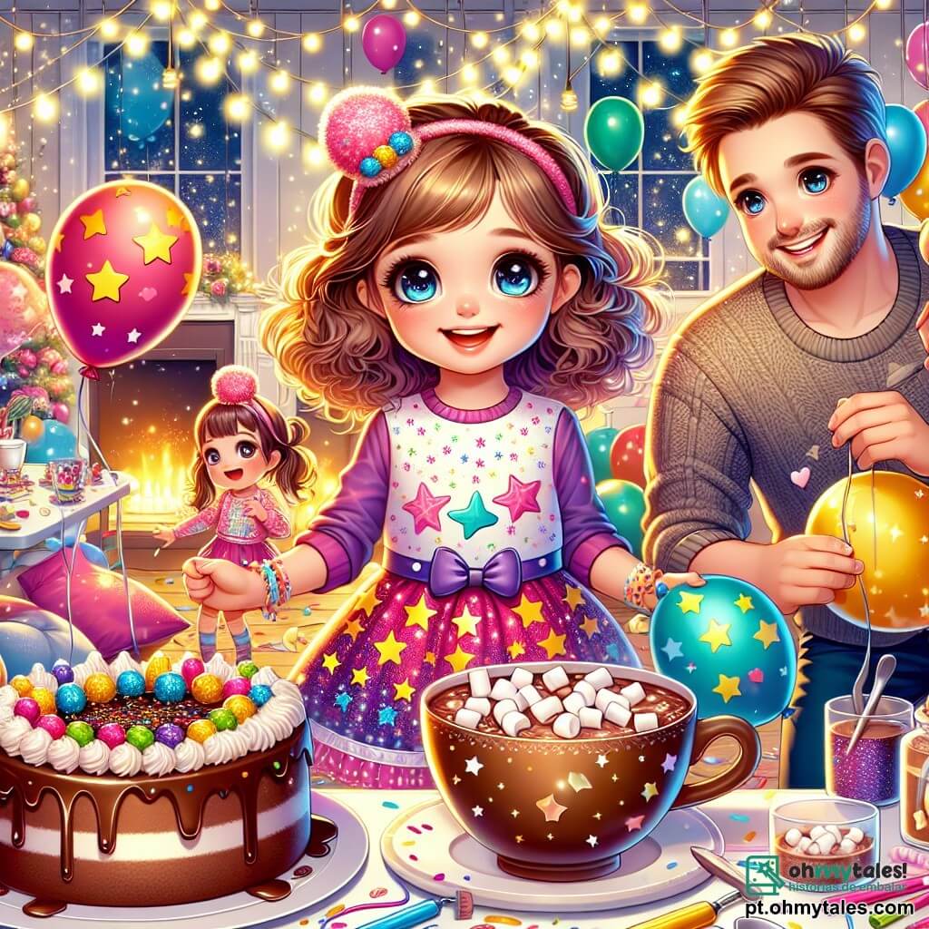 Uma menina de 6 anos, chamada Lila, com grandes olhos brilhantes e cabelos cacheados castanhos, está no centro da imagem, sorridente e cheia de empolgação. Ela usa um vestido colorido com estampas de estrelas e segura balões multicoloridos nas mãos. Ao seu lado, seu pai, um homem na casa dos trinta anos com uma barba leve e um sorriso caloroso, está decorando o ambiente com guirlandas brilhantes. Sua mãe, uma mulher na casa dos trinta anos com cabelos longos e loiros, prepara uma grande xícara de chocolate quente na mesa, adicionando marshmallows. A cena acontece em uma sala festiva, cheia de decorações de Ano Novo: balões, confetes espalhados pelo chão e uma grande mesa com uma deliciosa torta de chocolate ao centro. A luz suave das guirlandas ilumina o ambiente, criando uma atmosfera calorosa e alegre. Lila e sua família estão preparando a festa de Ano Novo, cercados de risos e empolgação, prontos para receber os amigos para uma noite memorável.
