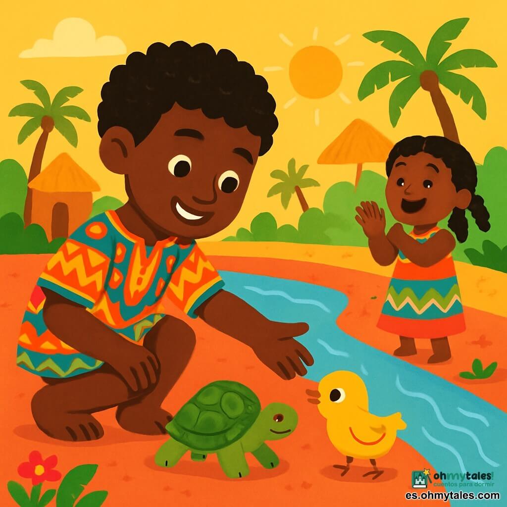 Amadu es un joven sonriente, con cabello rizado y piel color ébano. Lleva una túnica colorida de tela tradicional, adornada con motivos africanos. Amadu está extendiendo la mano hacia un pequeño pollito amarillo, con ojos brillantes y curiosos, que se encuentra en la orilla del río. Junto a Amadu, una tortuga verde, con un caparazón decorado con motivos naturales, se mueve lentamente sobre el suelo rojo y lo mira con ojos tiernos, como si quisiera ayudarlo. Más lejos, una niña de aproximadamente 6 años, con trenzas y un vestido colorido, aplaude alegremente mientras observa la escena. El decorado es un vibrante pueblo africano, con casas de barro y palmeras que se balancean suavemente bajo el sol. El río brilla bajo los rayos dorados y flores coloridas crecen en las orillas. La situación principal muestra a Amadu, con una mirada decidida y bondadosa, ayudando al pollito a reunirse con su madre, mientras la tortuga y la niña lo animan con entusiasmo.