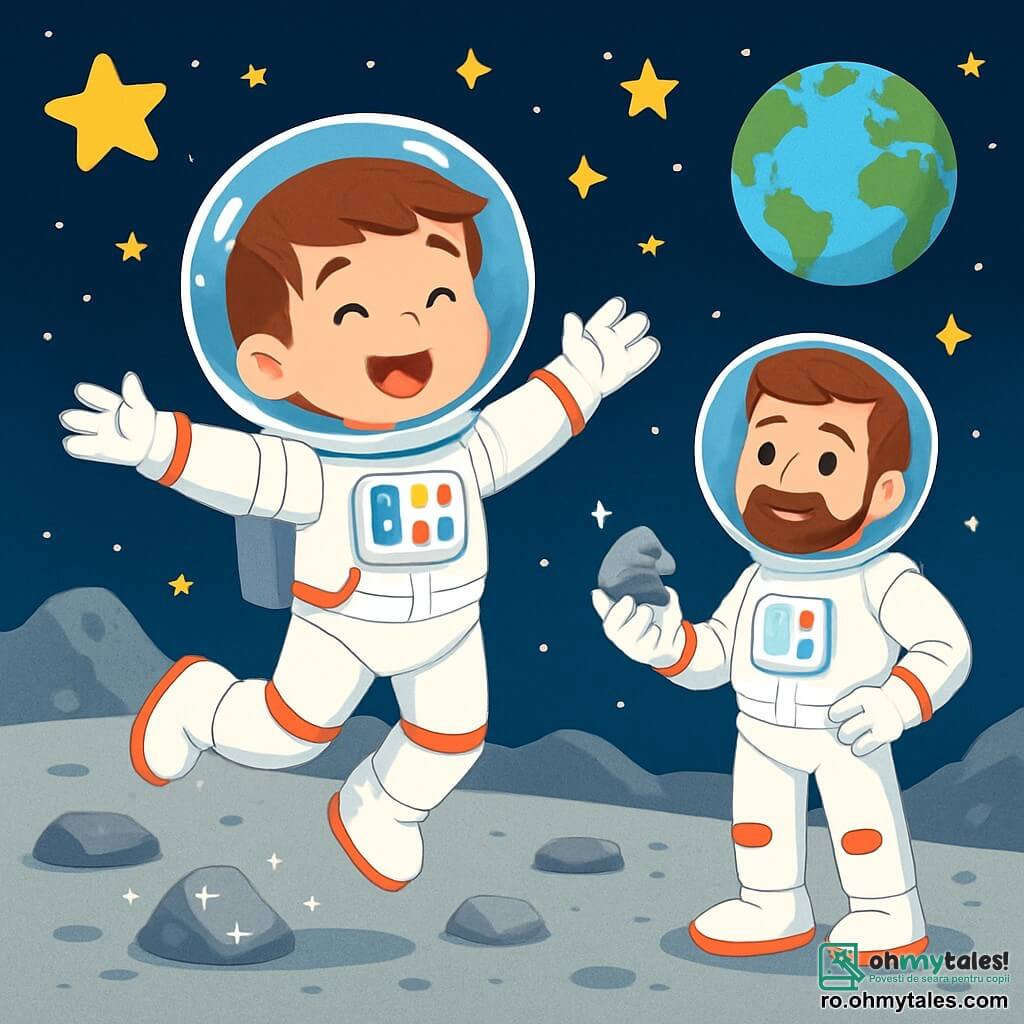 Un tânăr, Andrei, zâmbitor și uimit, poartă un costum de astronaut alb și strălucitor, cu un casca transparentă care reflectă stelele. El sare cu bucurie pe suprafața lunară, cu brațele desfăcute, ca și cum ar dansa în imponderabilitate. Aproape de el, un alt astronaut, căpitanul, un bărbat de vârstă mijlocie cu părul brun și o barbă îngrijită, îl observă pe Andrei cu un zâmbet mândru, ținând în mână un eșantion de rocă lunară. Peisajul lunar este spectaculos, cu un sol gri și cratere, presărat cu pietre strălucitoare sub un cer negru adânc, plin de stele strălucitoare și cu o Terra albastră și verde vizibilă la orizont. Andrei descoperă frumusețea Lunii, sărind cu bucurie și adunând roci strălucitoare, ilustrând uimirea și explorarea într-o lume extraterestră fascinantă.
