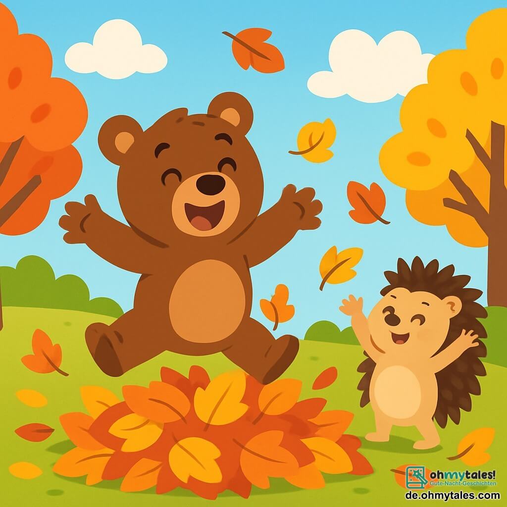 Ein Braunbär namens Bruno mit weichem Fell und funkelnden Augen springt in einen großen Haufen bunter Herbstblätter, die Arme weit geöffnet und mit einem breiten Lächeln im Gesicht. Neben ihm lacht ein kleines Igelmädchen namens Ida, mit weichen Stacheln und runden Augen, während sie begeistert Blätter in die Luft wirft und ihre kleinen Pfoten hebt. Im Hintergrund ein Garten in voller Herbstsaison, gefüllt mit Bäumen, deren Blätter gold, rot und orange sind, unter einem hellblauen Himmel mit einigen weißen, wolkigen Wolken. Die Szene zeigt Bruno und Ida, die zusammen Spaß haben, umgeben von fliegenden Blättern, und schafft eine fröhliche, festliche Herbstatmosphäre.