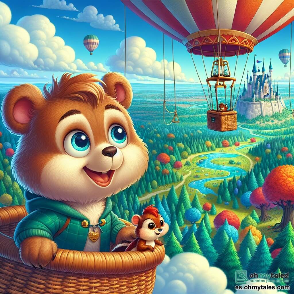 Un pequeño osito llamado Bruno, con un suave pelaje marrón y ojos brillantes de curiosidad, está de pie en una canasta de globo aerostático, el viento le despeina el pelaje y una gran sonrisa ilumina su rostro. A su lado, su mejor amiga Lila, una pequeña ardilla de pelaje rojo vivo y ojos traviesos, observa con asombro el paisaje de abajo, sus pequeñas patas aferrándose al borde de la canasta. El cielo es de un azul brillante, salpicado de nubes esponjosas, mientras que el vasto bosque encantado se extiende abajo, con árboles de colores vivos y un arroyo reluciente que serpentea por el paisaje. Al fondo, un misterioso castillo cubierto de hiedra se perfila en el horizonte, añadiendo un toque de magia a la escena. Bruno y Lila, en pleno vuelo, descubren el mundo desde las alturas, con sus corazones latiendo de emoción mientras se acercan al misterioso castillo, listos para una nueva aventura.